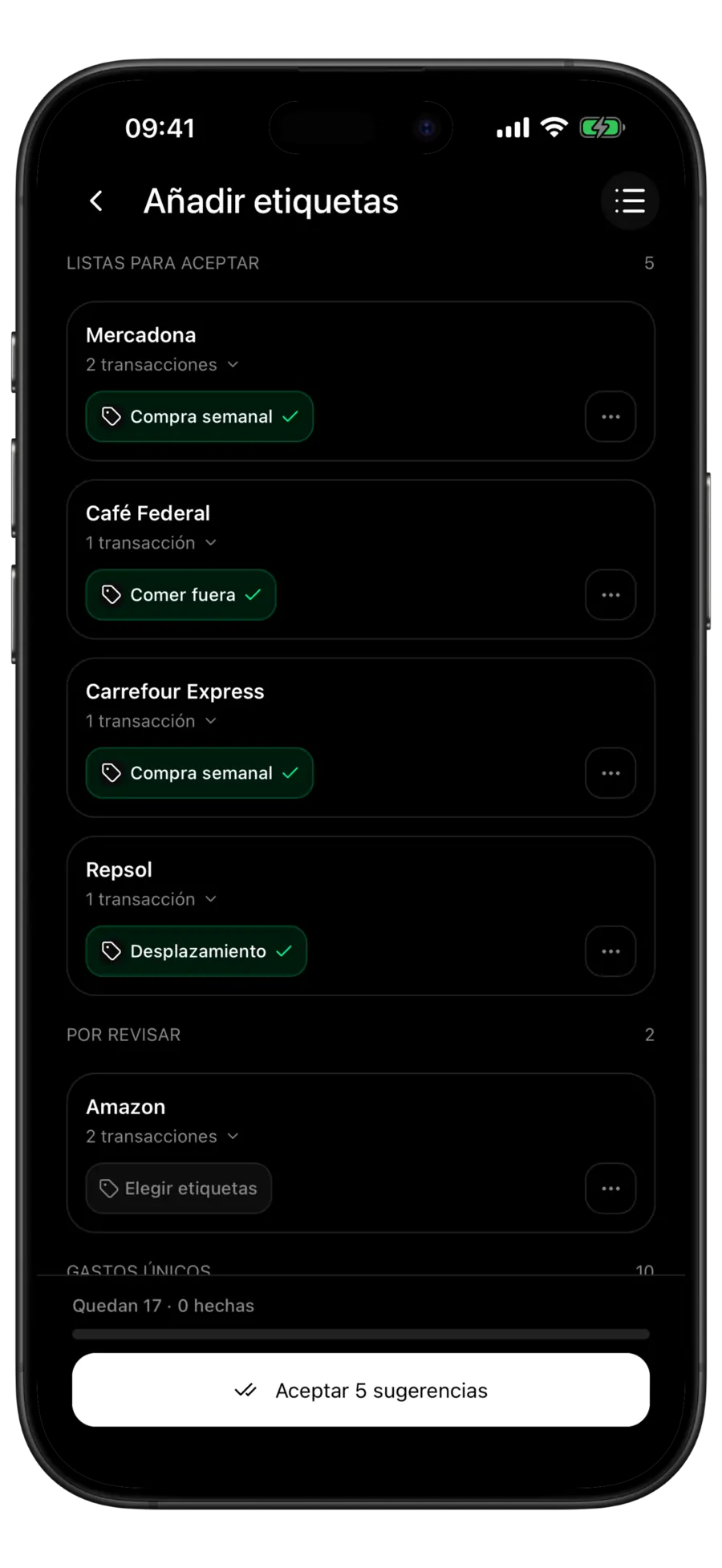 Pantalla de la bandeja de etiquetas de Budgie con grupos de comercios, cada uno con una etiqueta sugerida