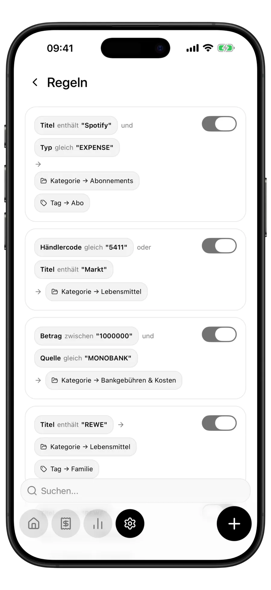 Budgie-Regelbildschirm: vier Regeln, jeweils mit ihren Bedingungen über der Kategorie und dem Tag, die sie setzen, und einem Schalter
