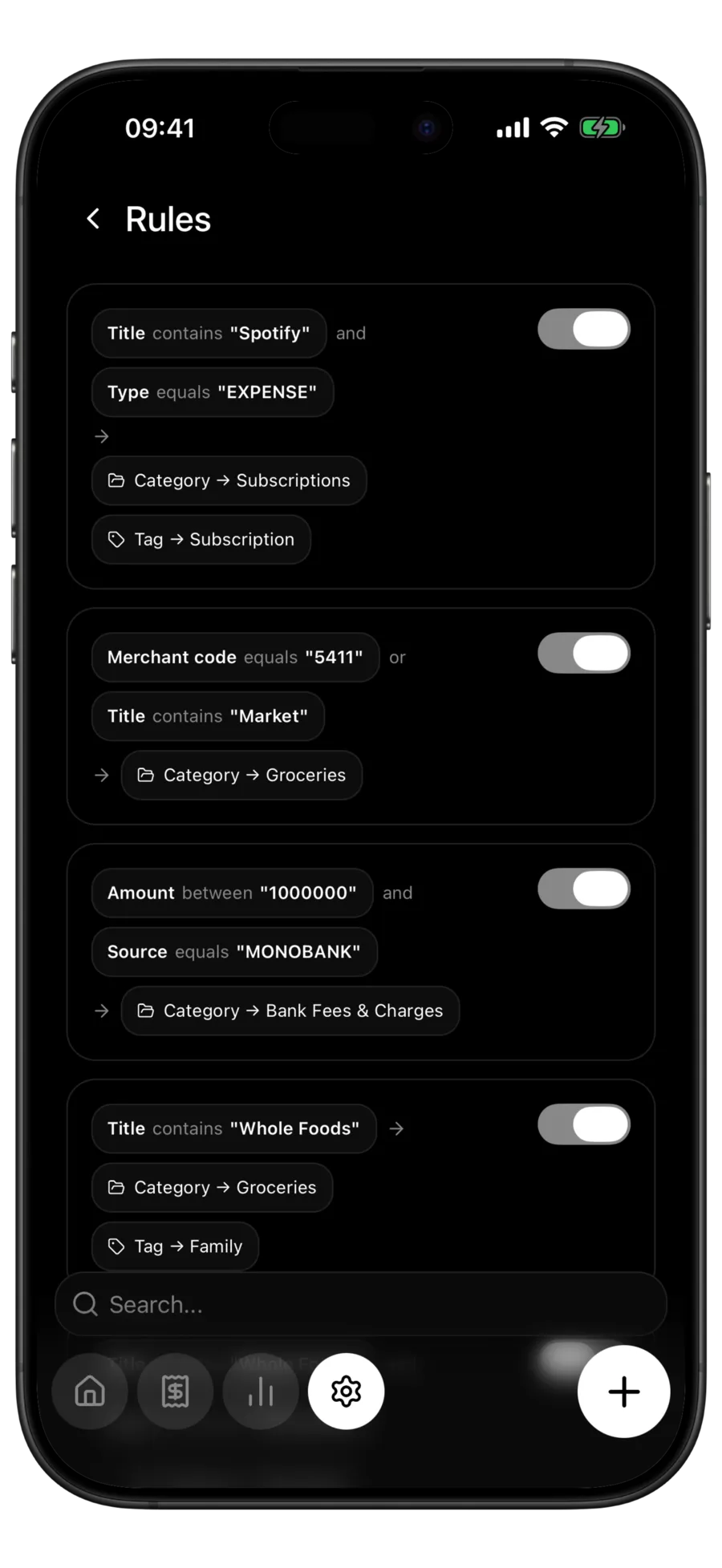 Budgie Rules screen: four rules, each with its conditions above the category and tag it sets, and an on-off switch