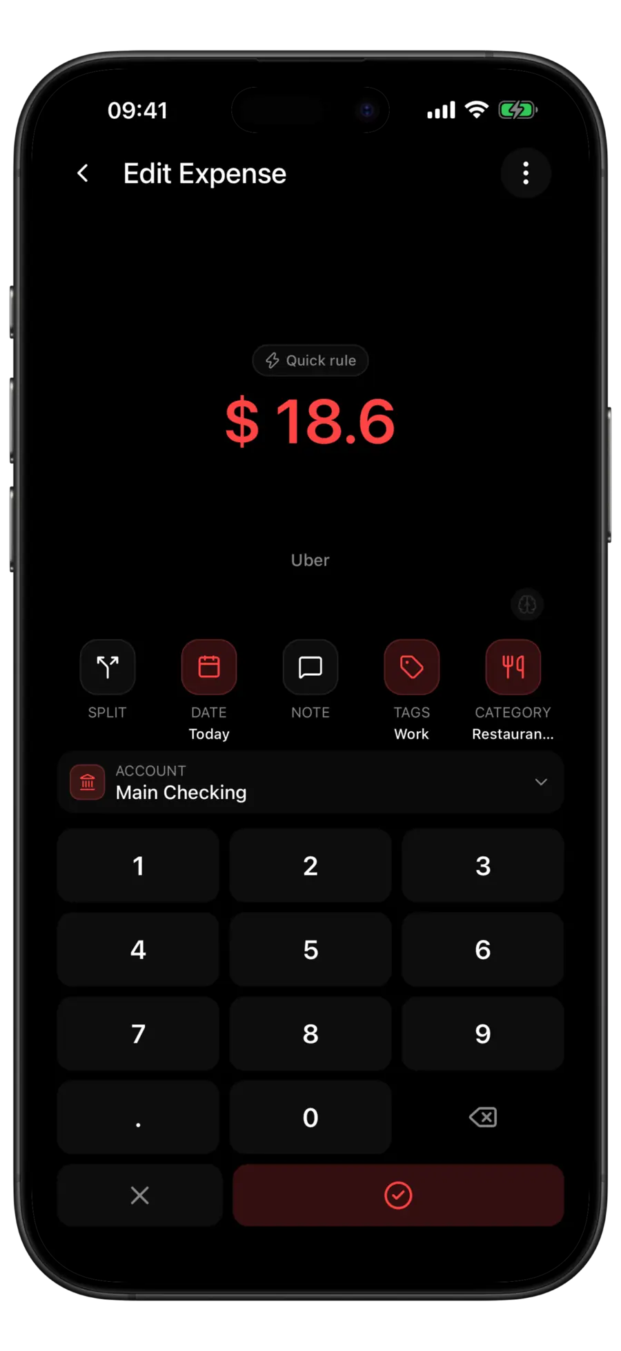 Budgie edit expense screen with a Quick rule pill above the amount, moments after the category was changed