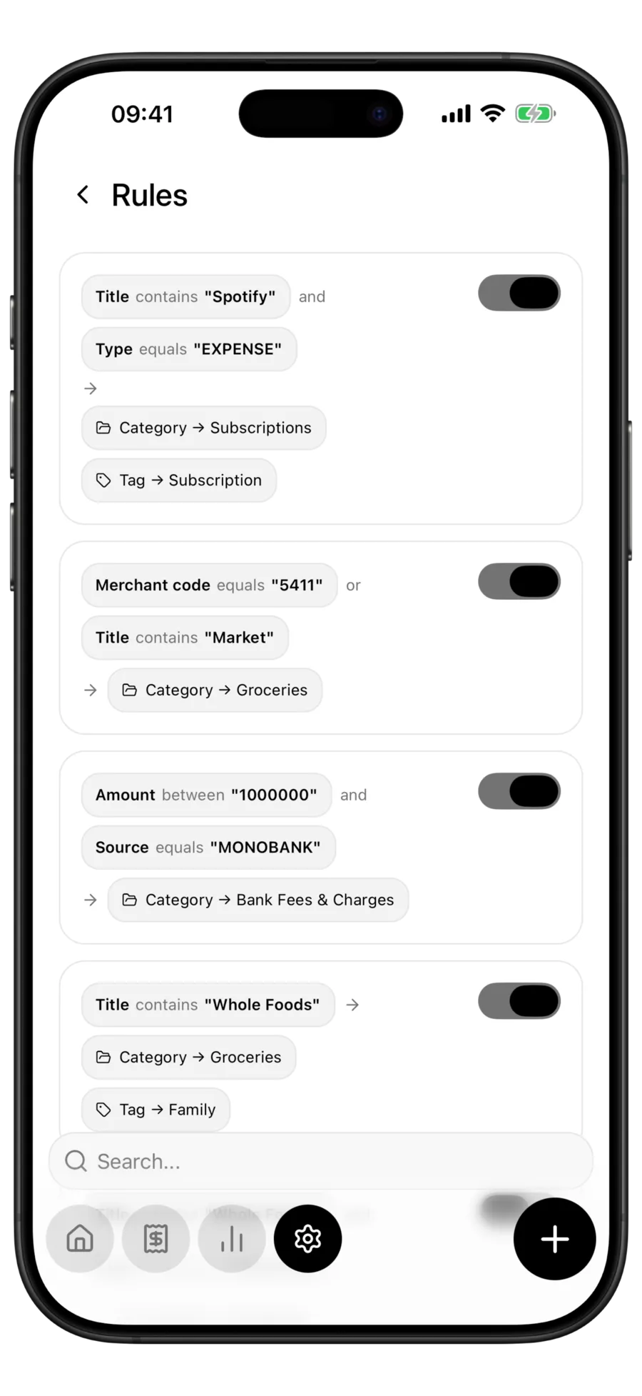 Budgie Rules screen: four rules, each with its conditions above the category and tag it sets, and an on-off switch