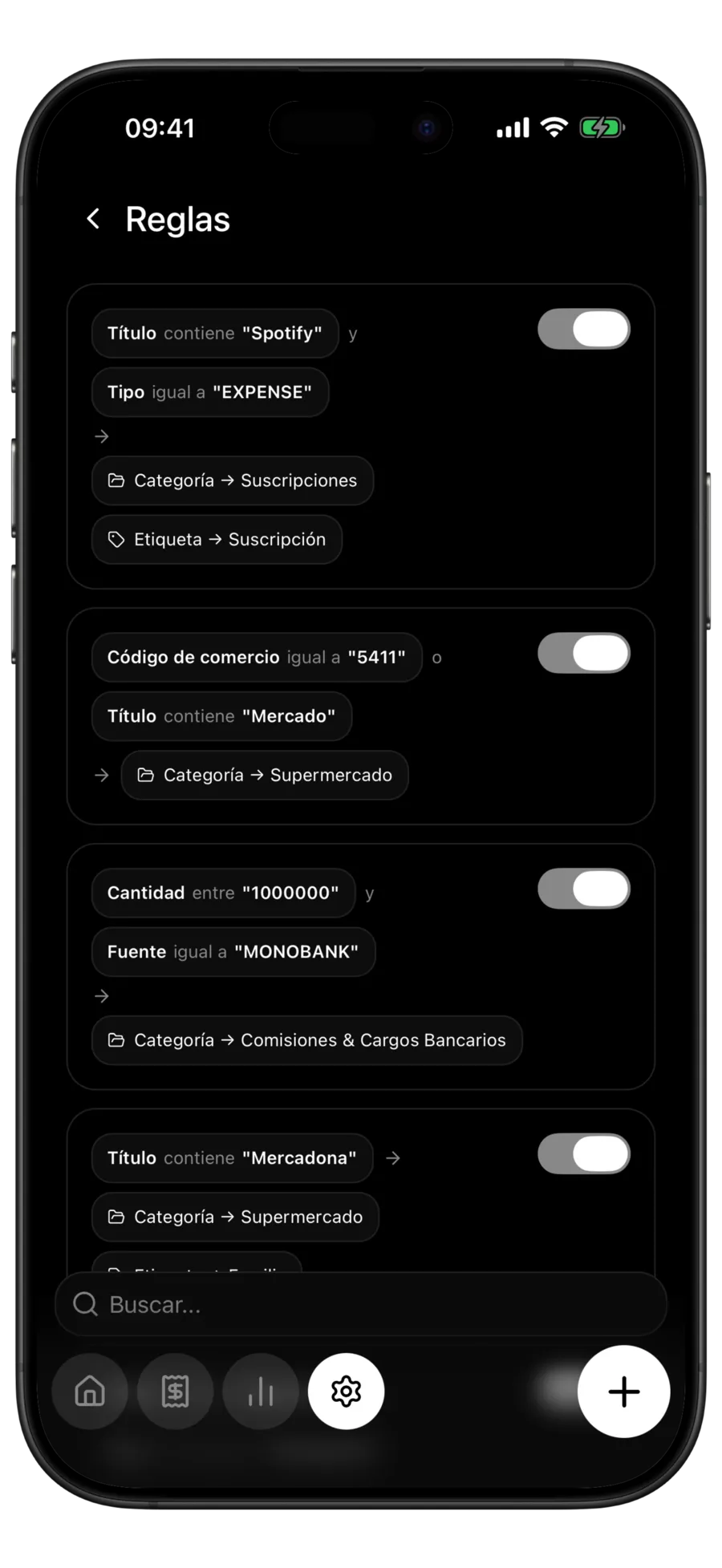 Pantalla de Reglas de Budgie: cuatro reglas, cada una con sus condiciones sobre la categoría y la etiqueta que asigna, y un interruptor