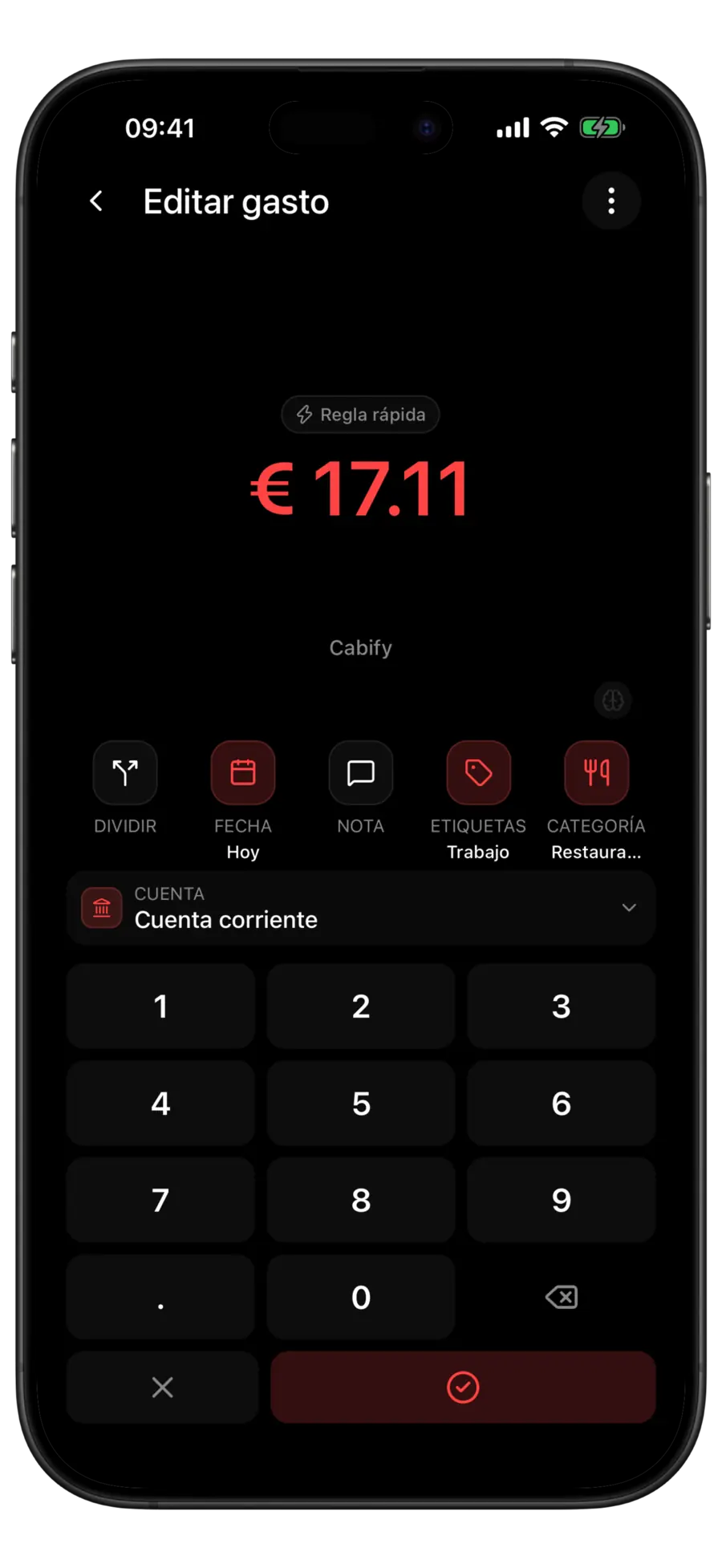 Pantalla de edición de gasto de Budgie con la píldora Regla rápida sobre el importe, justo después de cambiar la categoría