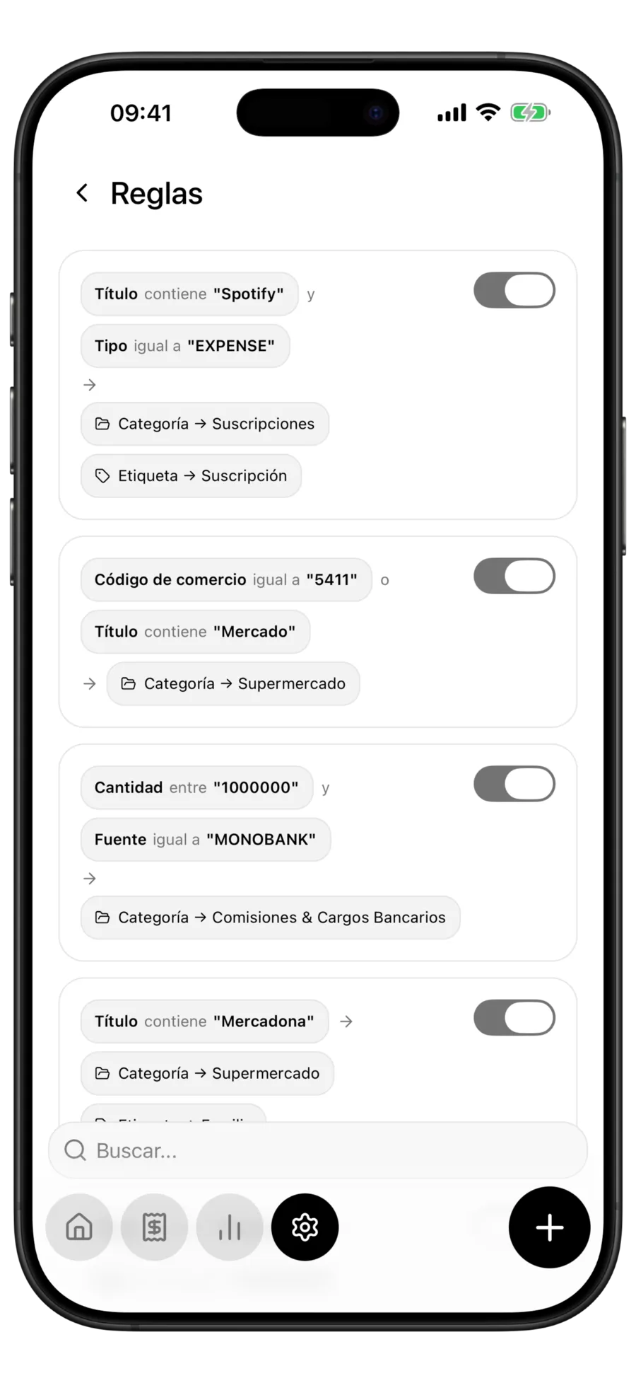 Pantalla de Reglas de Budgie: cuatro reglas, cada una con sus condiciones sobre la categoría y la etiqueta que asigna, y un interruptor