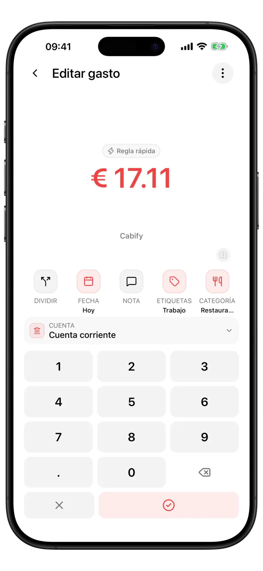 Pantalla de edición de gasto de Budgie con la píldora Regla rápida sobre el importe, justo después de cambiar la categoría