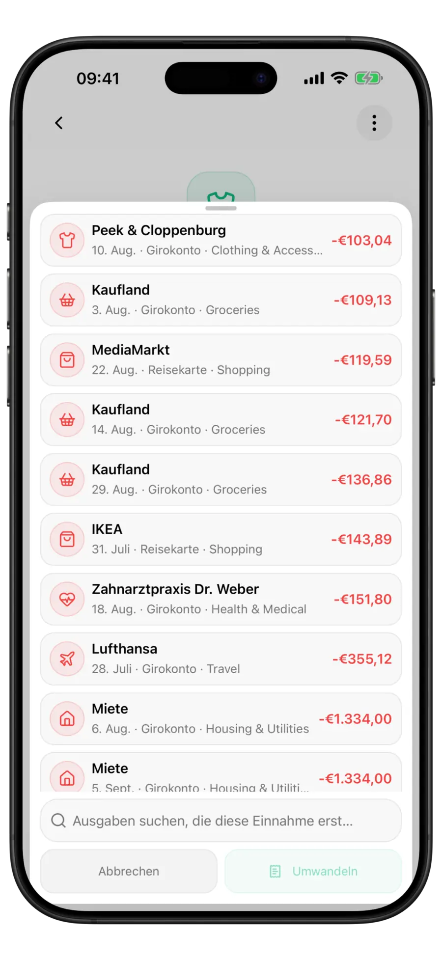 Budgie-Auswahl „In Rückerstattung umwandeln“ mit Ausgaben in derselben Währung, einem Suchfeld und einer deaktivierten Schaltfläche „Umwandeln“