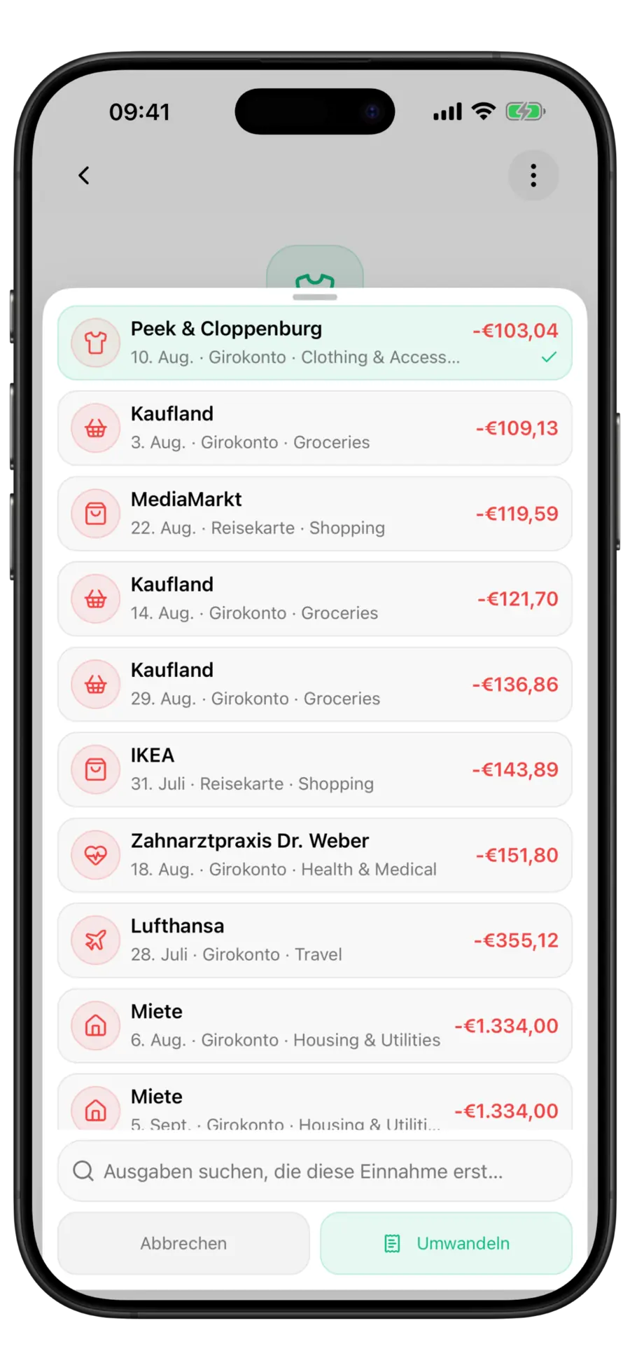 Budgie-Auswahl „In Rückerstattung umwandeln“ mit einer ausgewählten und abgehakten Ausgabenzeile und der nun aktiven Schaltfläche „Umwandeln“