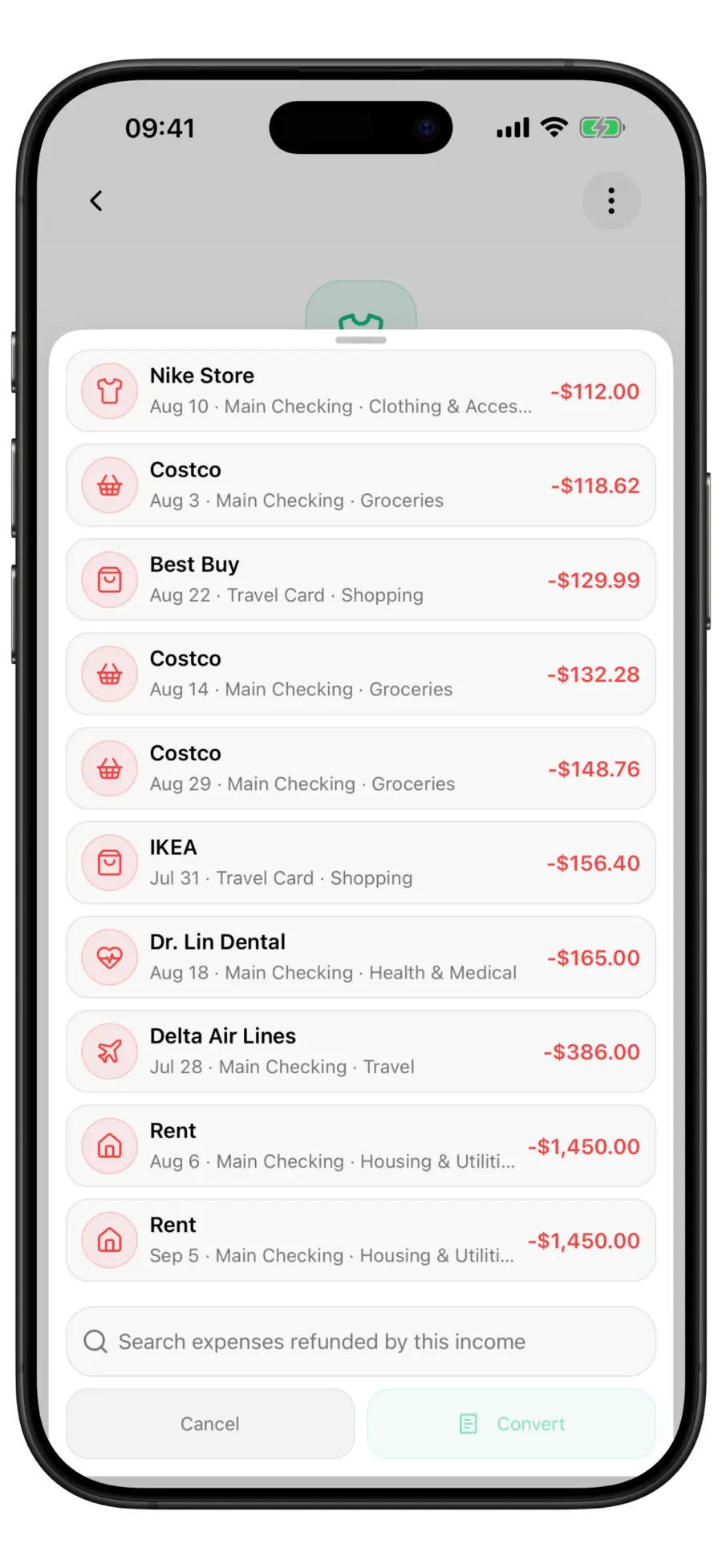 Budgie Convert to Refund picker listing same-currency expenses with a search field and a disabled Convert button