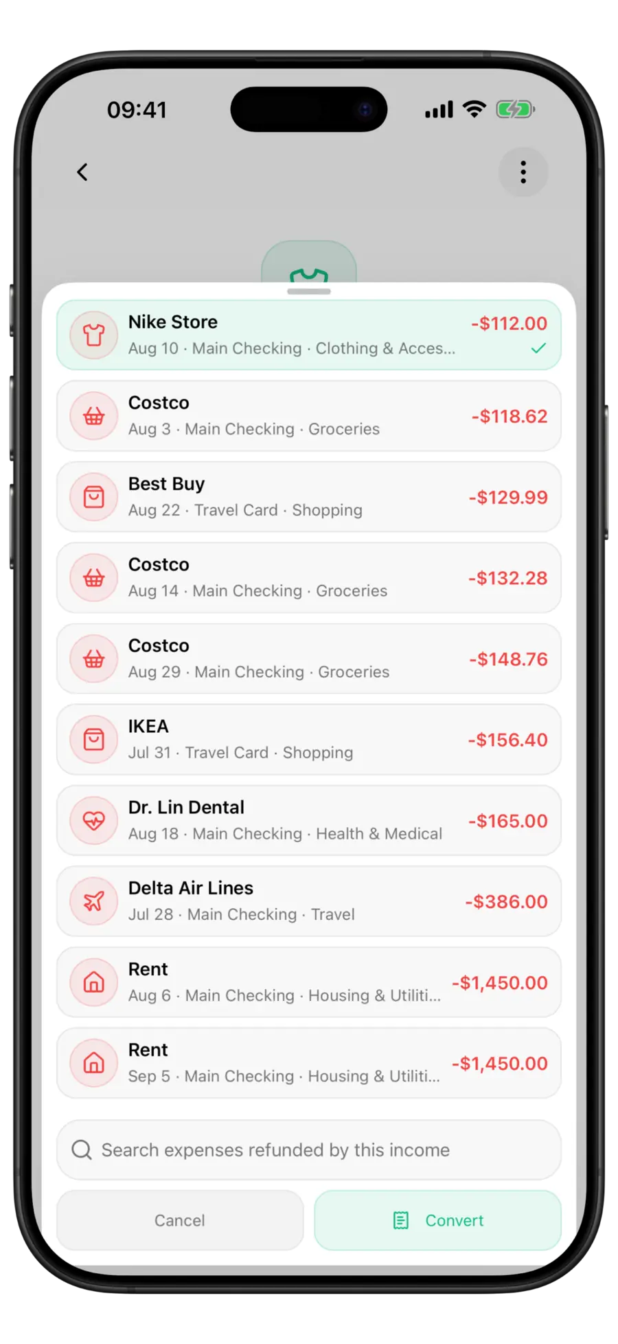 Budgie Convert to Refund picker with one expense row selected and checked, and the Convert button now enabled