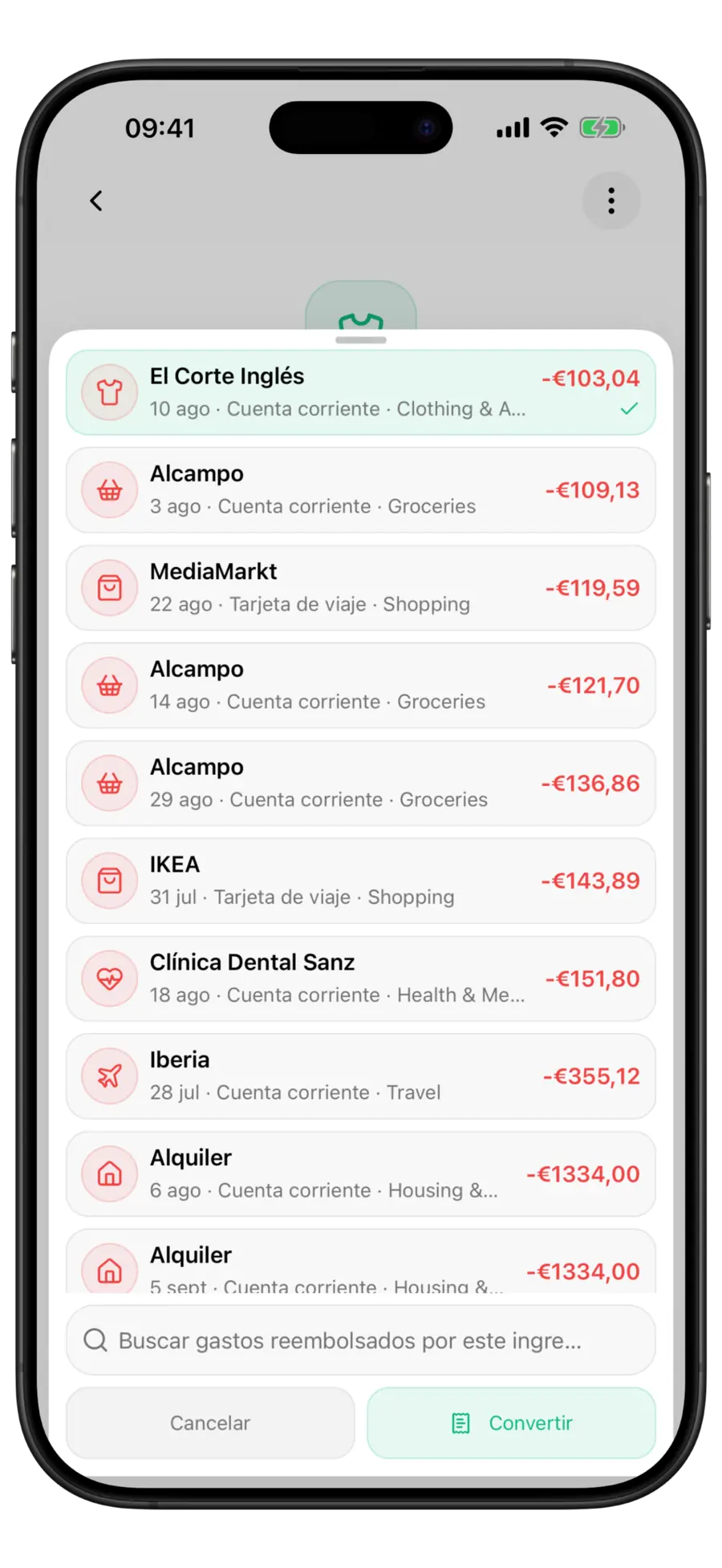 Selector Convertir en reembolso de Budgie con una fila de gasto seleccionada y marcada, y el botón Convertir ya activado