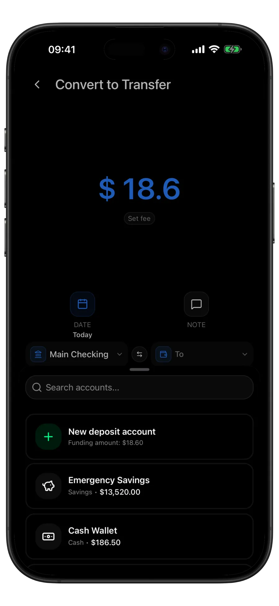 Budgie convert to transfer screen with the amount prefilled and the account picker open over the from and to selectors