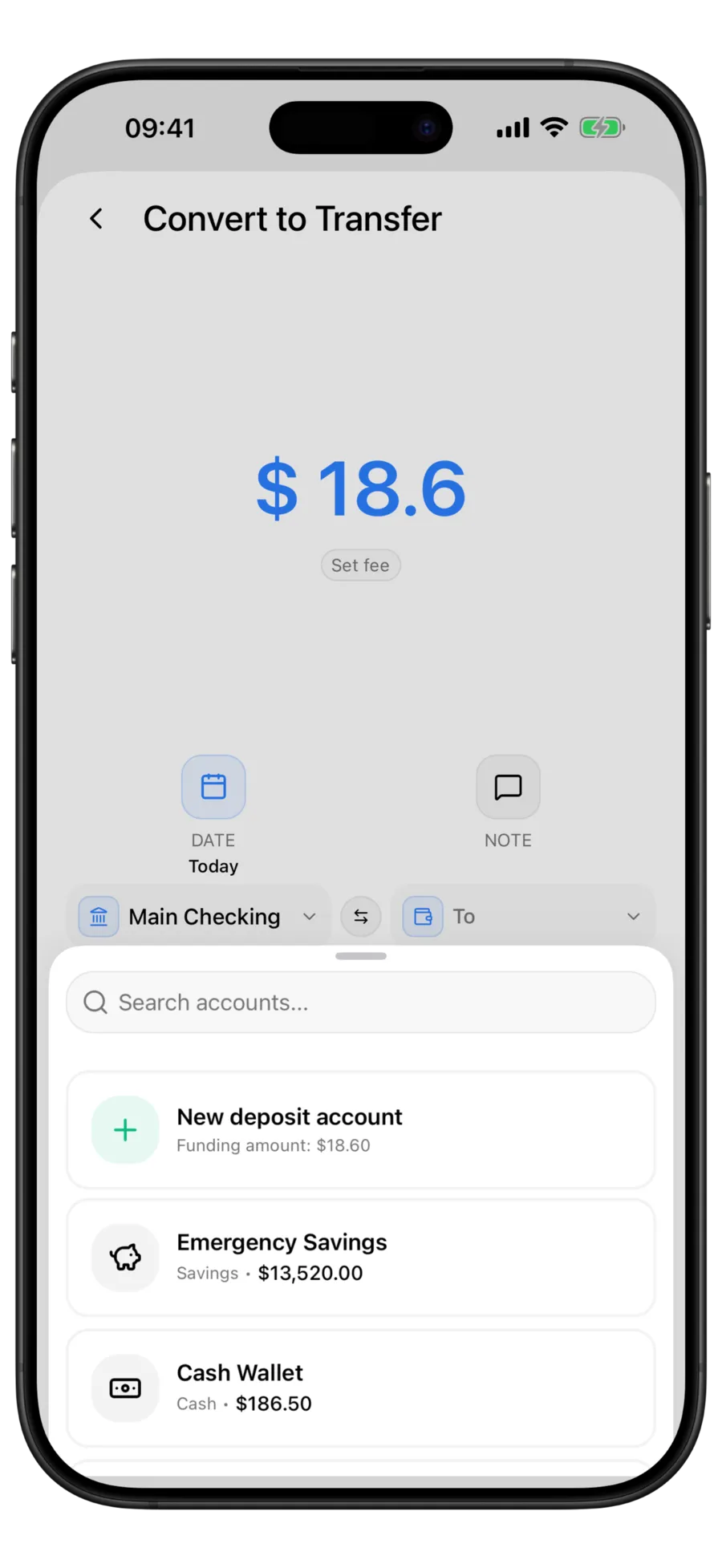 Budgie convert to transfer screen with the amount prefilled and the account picker open over the from and to selectors