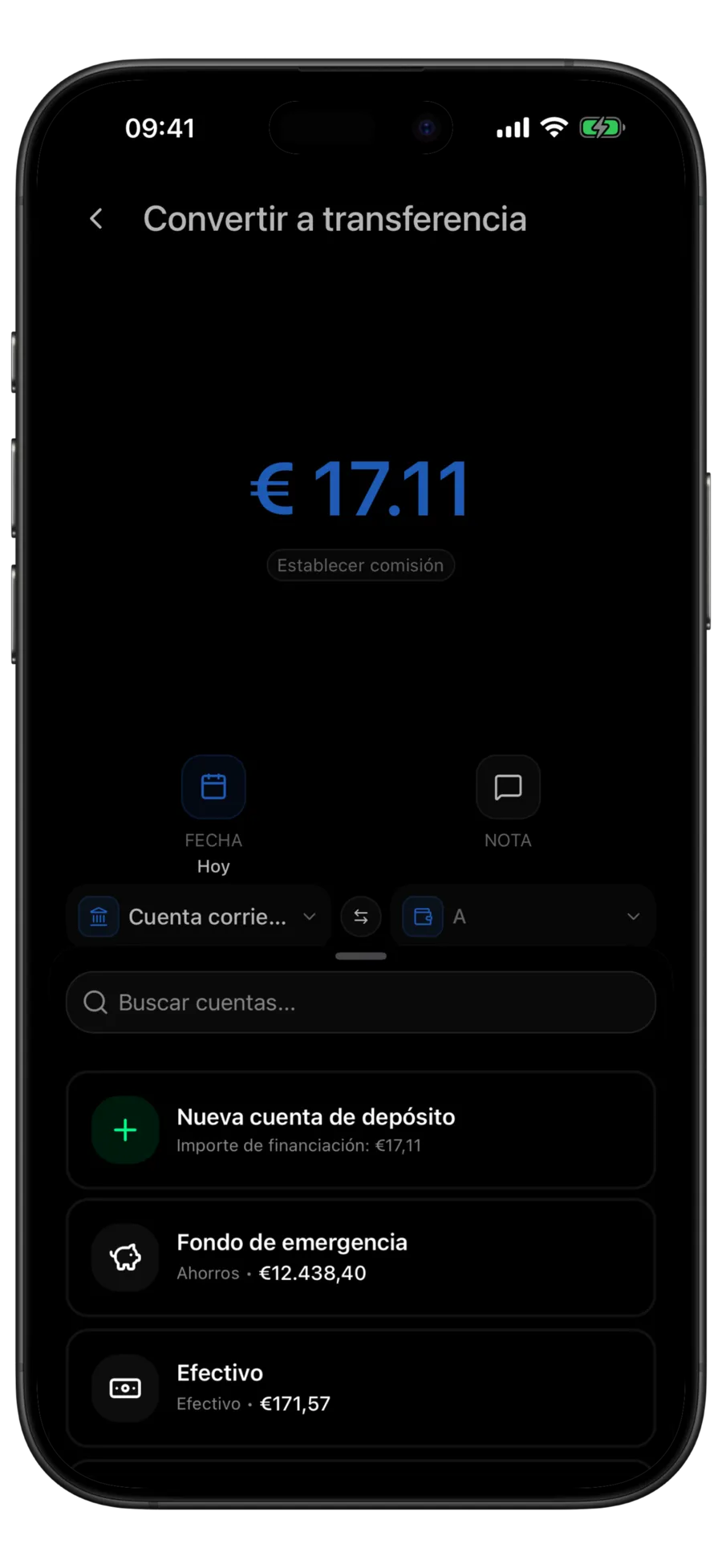 Pantalla Convertir a transferencia de Budgie con el importe precargado y el selector de cuentas abierto sobre los campos de origen y destino