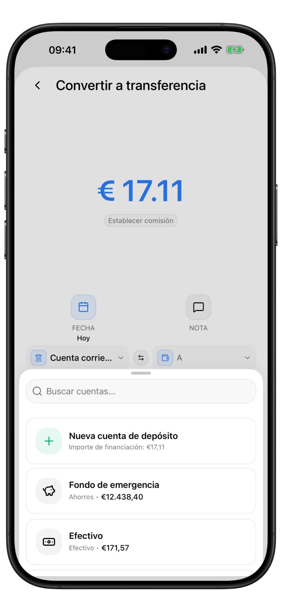 Pantalla Convertir a transferencia de Budgie con el importe precargado y el selector de cuentas abierto sobre los campos de origen y destino