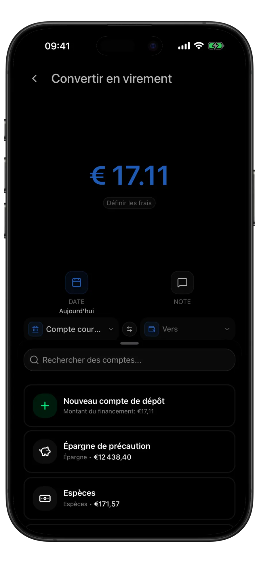 Écran Convertir en virement de Budgie avec le montant prérempli et le sélecteur de comptes ouvert au-dessus des champs source et destination