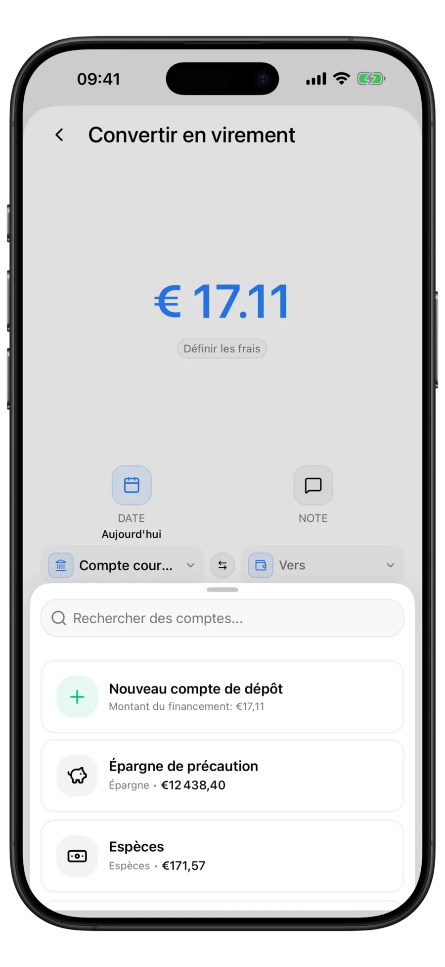 Écran Convertir en virement de Budgie avec le montant prérempli et le sélecteur de comptes ouvert au-dessus des champs source et destination