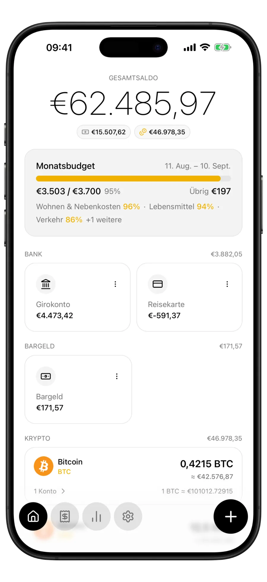 Budgie-Startbildschirm mit dem Gesamtsaldo, aufgeteilt in einen Bargeld-Chip und einen Krypto-Chip, über den Gruppen für Bank-, Bargeld- und Kryptokonten