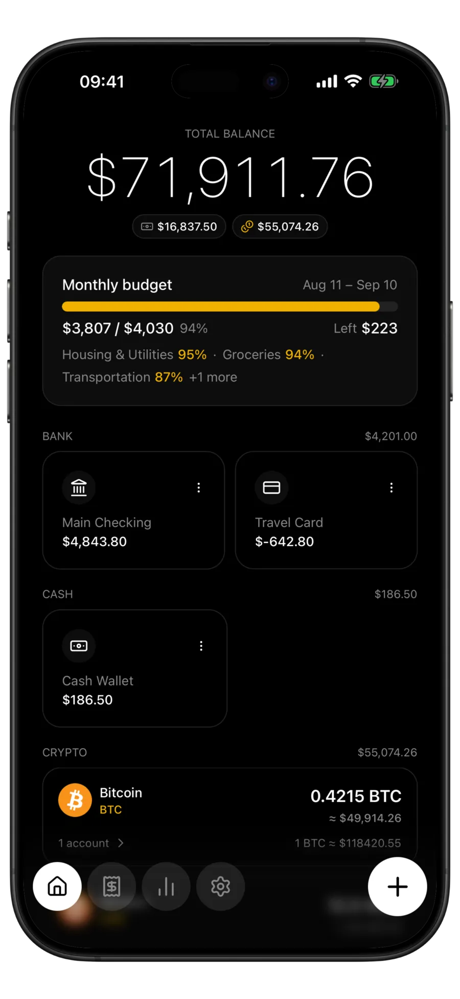 Budgie home screen with the total balance split into a cash chip and a crypto chip above the bank, cash and crypto account groups