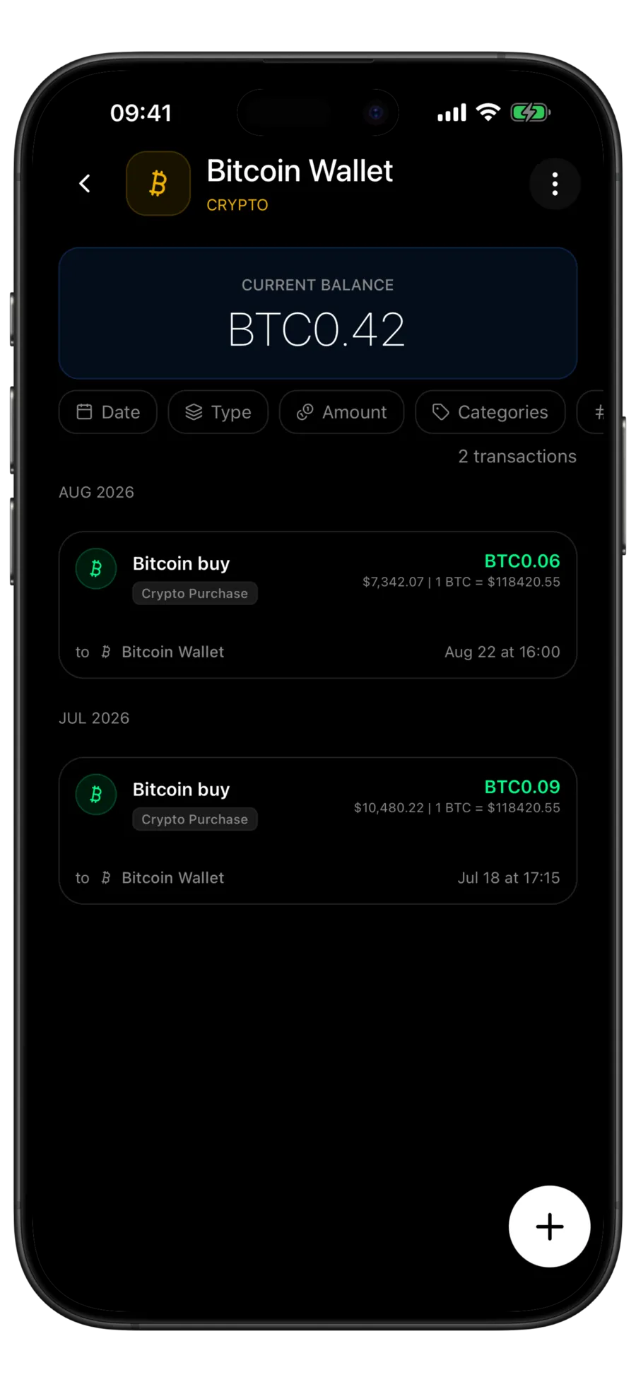 Budgie Bitcoin wallet screen with the balance in BTC above two crypto purchase rows showing the amount paid and the rate