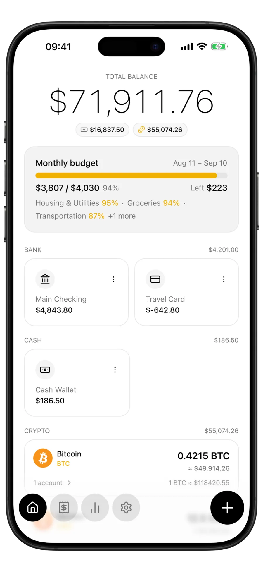 Budgie home screen with the total balance split into a cash chip and a crypto chip above the bank, cash and crypto account groups