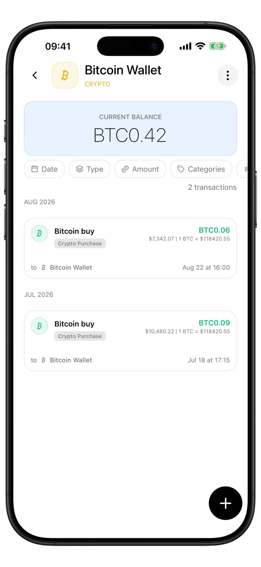 Budgie Bitcoin wallet screen with the balance in BTC above two crypto purchase rows showing the amount paid and the rate