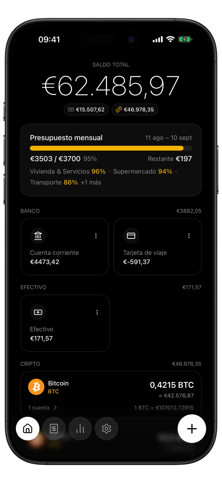 Pantalla de inicio de Budgie con el saldo total dividido en una etiqueta de efectivo y otra de cripto, encima de los grupos de cuentas bancarias, de efectivo y de cripto