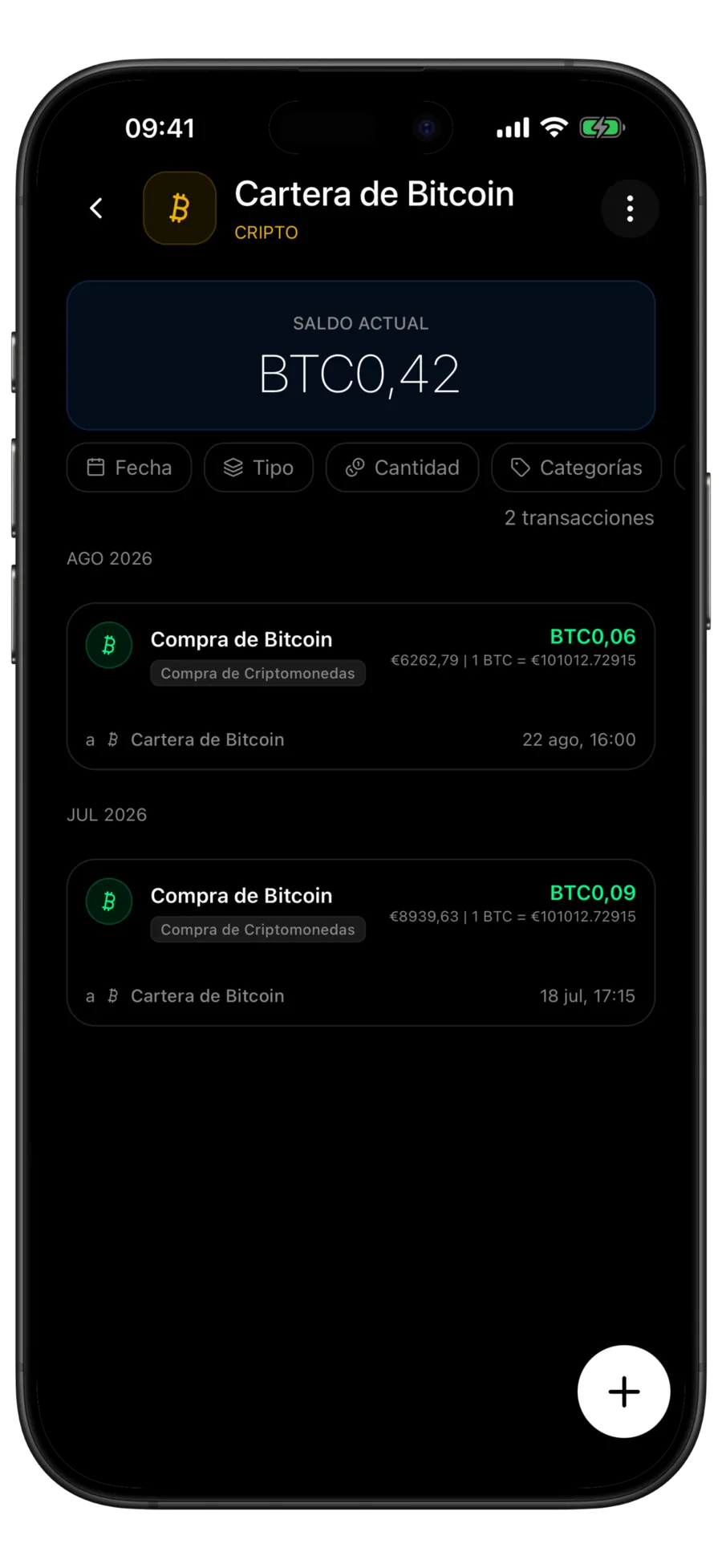 Pantalla de la cartera de Bitcoin de Budgie con el saldo en BTC sobre dos filas de compra de cripto que muestran el importe pagado y el tipo de cambio