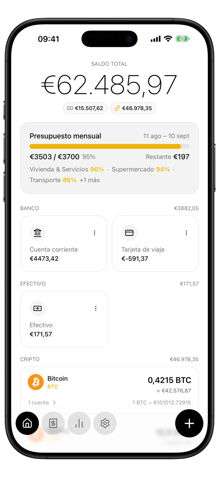 Pantalla de inicio de Budgie con el saldo total dividido en una etiqueta de efectivo y otra de cripto, encima de los grupos de cuentas bancarias, de efectivo y de cripto