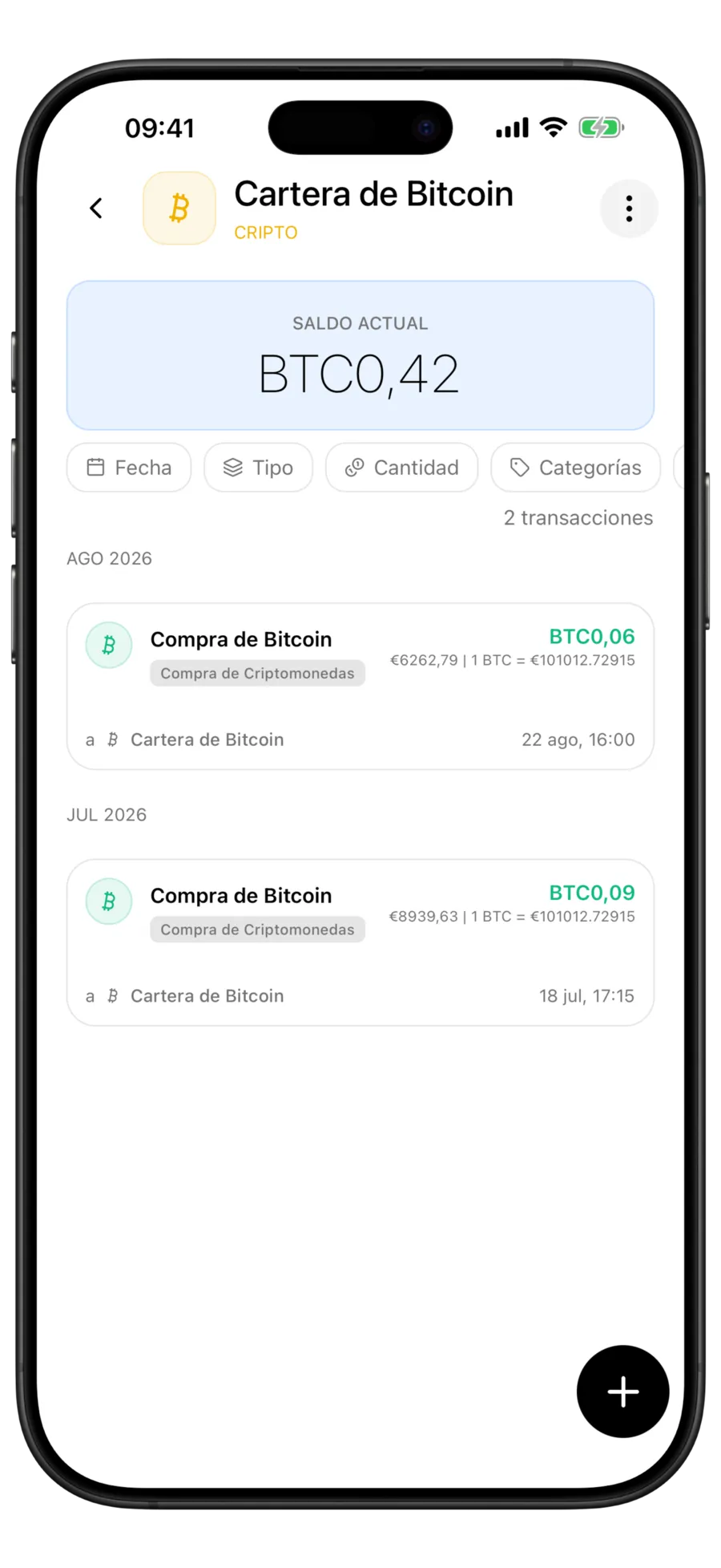 Pantalla de la cartera de Bitcoin de Budgie con el saldo en BTC sobre dos filas de compra de cripto que muestran el importe pagado y el tipo de cambio