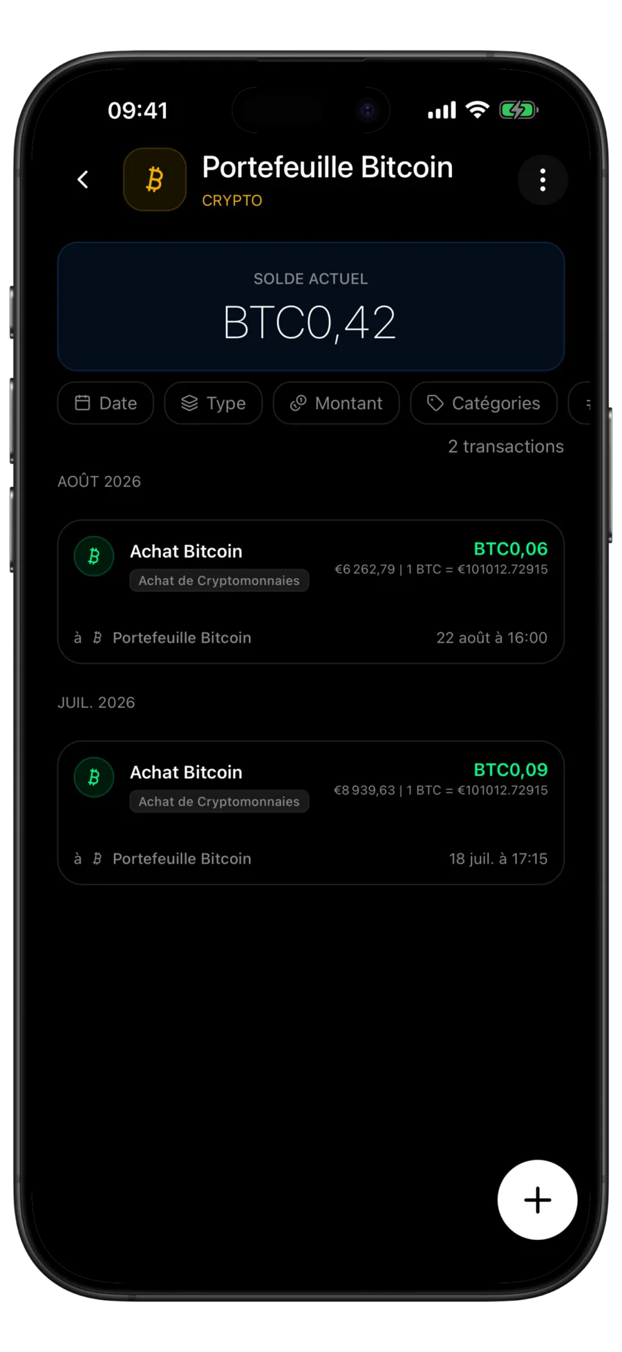 Écran du portefeuille Bitcoin de Budgie avec le solde en BTC au-dessus de deux lignes d'achat crypto indiquant le montant payé et le taux