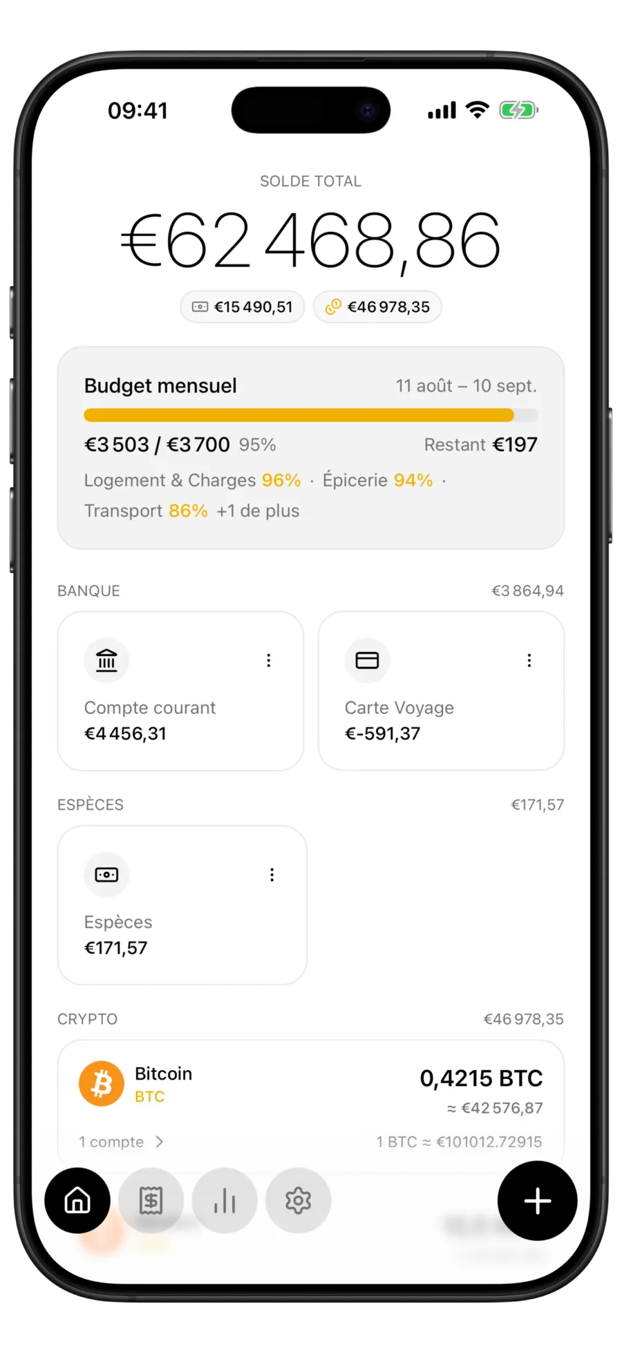 Écran d'accueil de Budgie avec le solde total réparti entre une pastille espèces et une pastille crypto, au-dessus des groupes de comptes bancaires, espèces et crypto