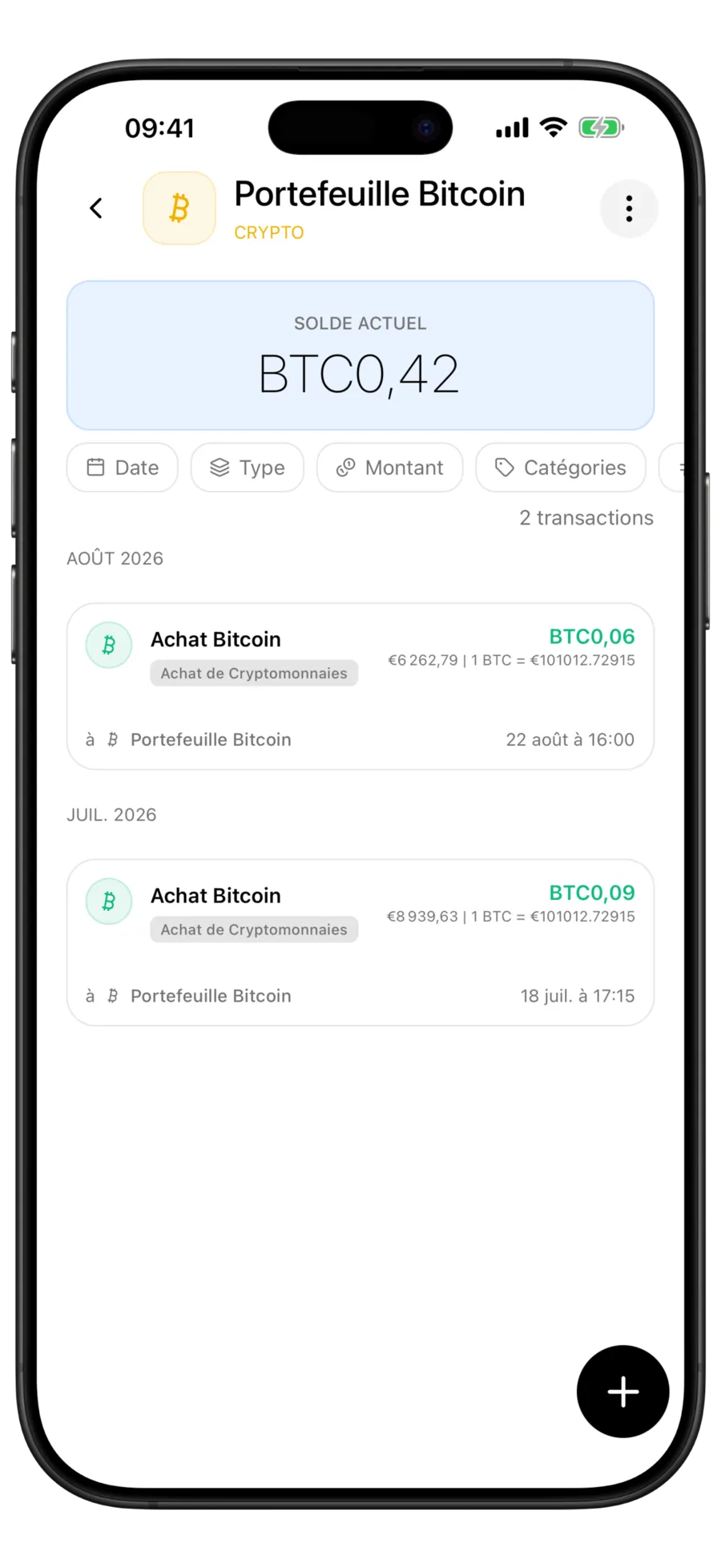 Écran du portefeuille Bitcoin de Budgie avec le solde en BTC au-dessus de deux lignes d'achat crypto indiquant le montant payé et le taux