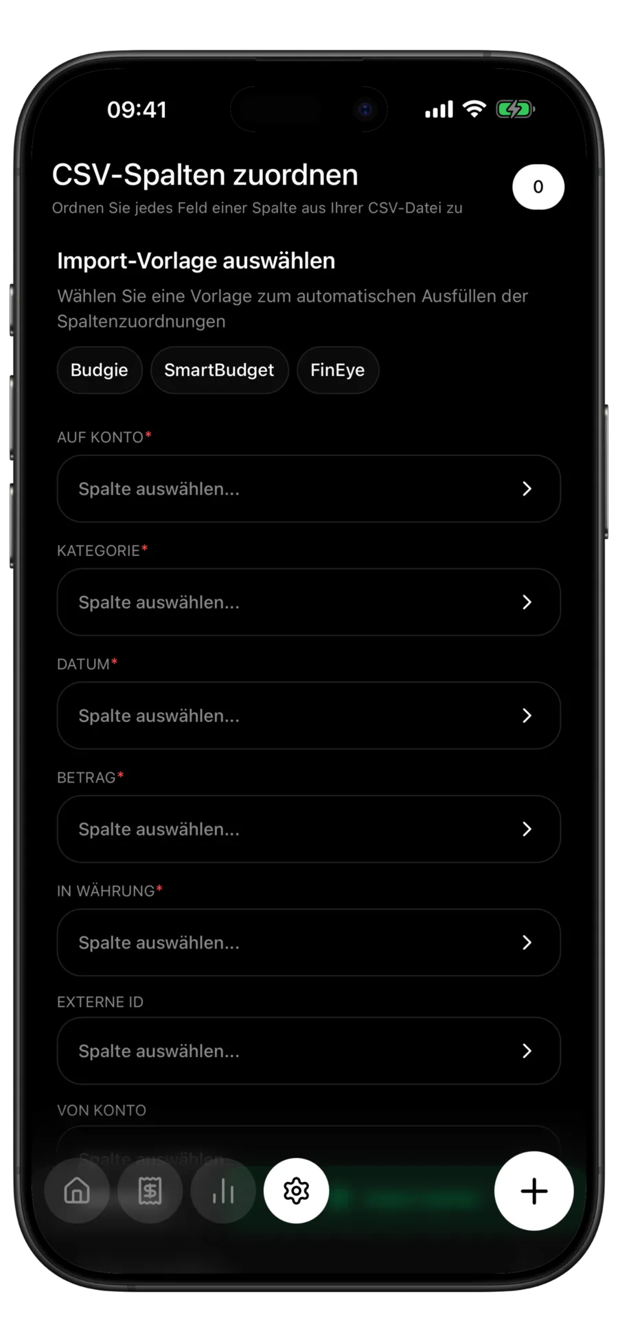 Budgie-Bildschirm „CSV-Spalten zuordnen“ mit den Import-Vorlagen Budgie, SmartBudget und FinEye über den Spaltenauswahlfeldern für Zielkonto, Kategorie, Datum, Betrag, Zielwährung und Externe ID