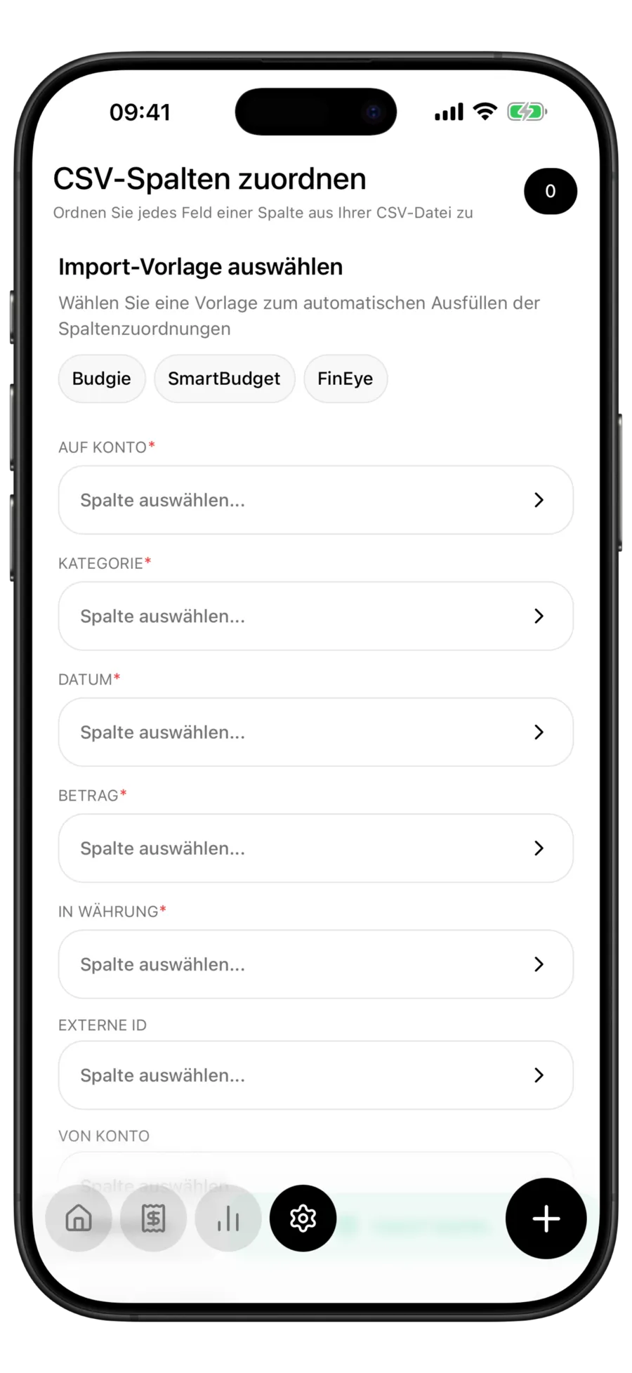 Budgie-Bildschirm „CSV-Spalten zuordnen“ mit den Import-Vorlagen Budgie, SmartBudget und FinEye über den Spaltenauswahlfeldern für Zielkonto, Kategorie, Datum, Betrag, Zielwährung und Externe ID