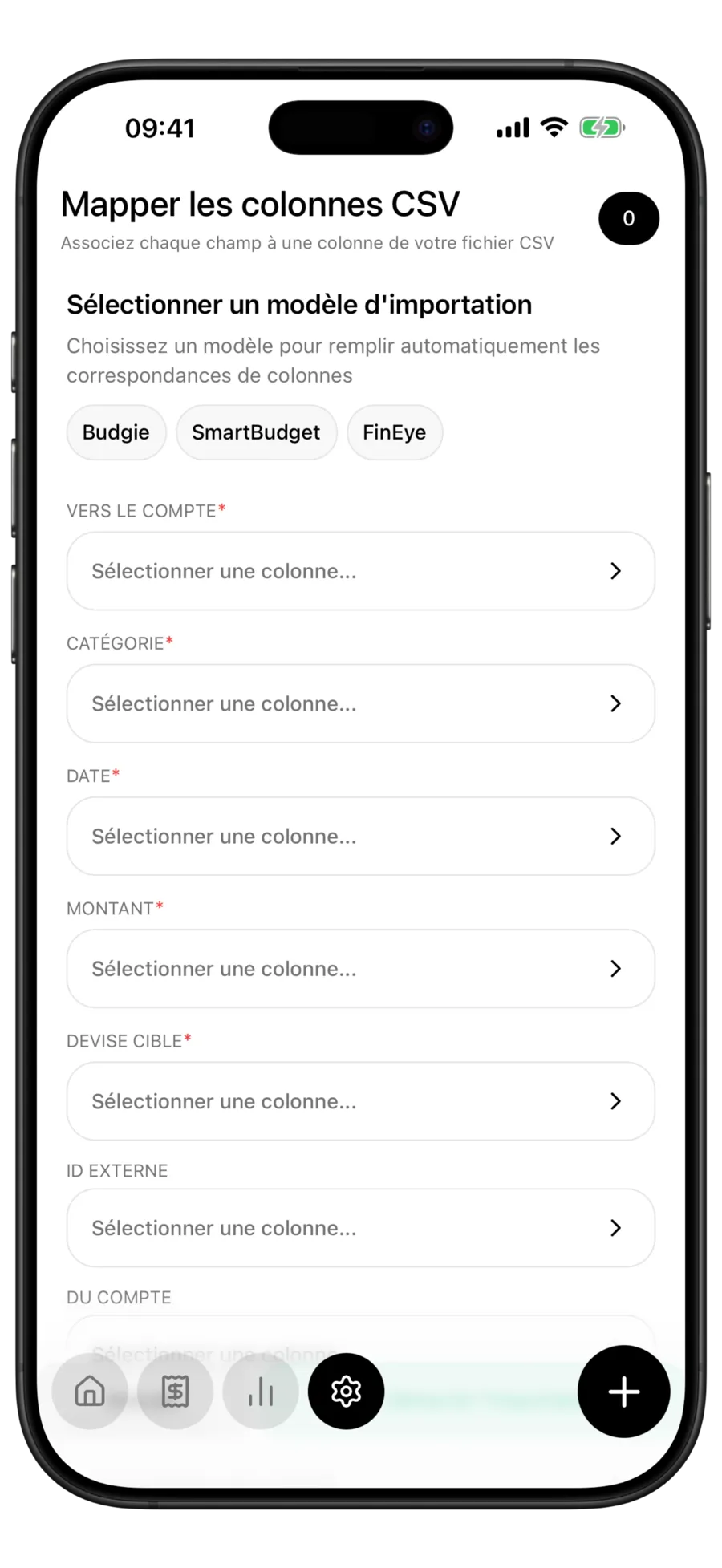 Écran « Associer les colonnes CSV » de Budgie avec les préréglages d'import Budgie, SmartBudget et FinEye au-dessus des sélecteurs de colonne Compte destinataire, Catégorie, Date, Montant, Devise destinataire et ID externe