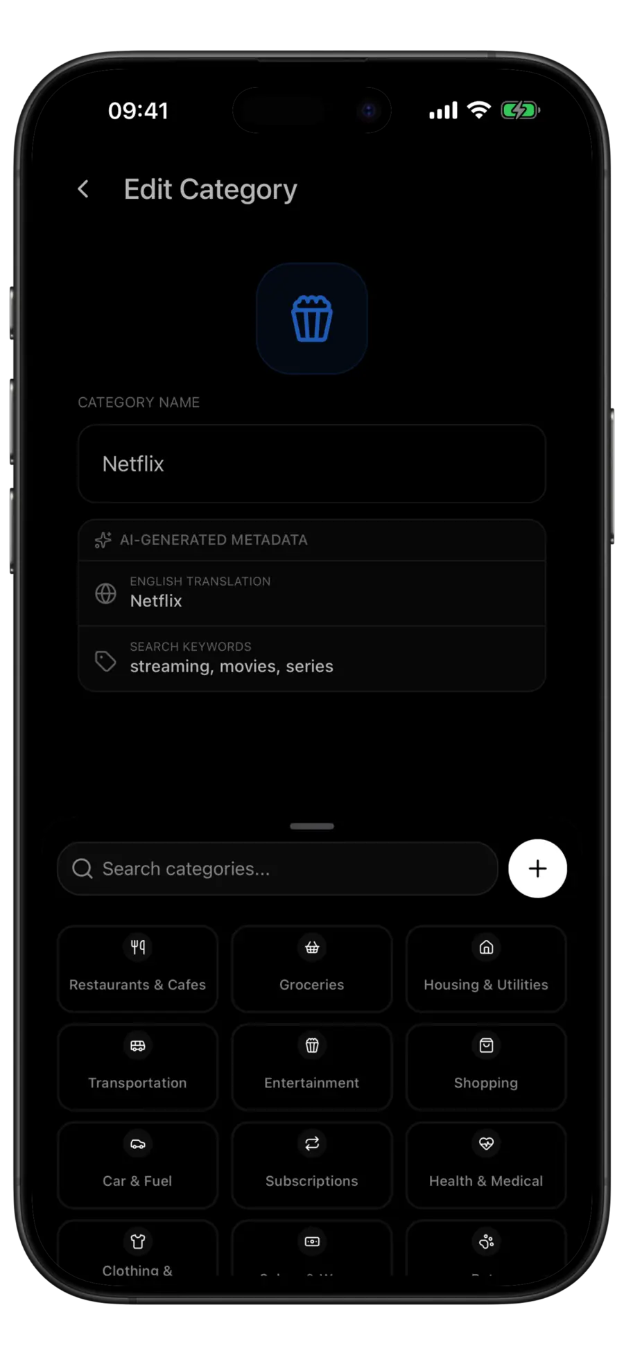Budgie category picker open over the Edit Category form, listing the categories to merge into