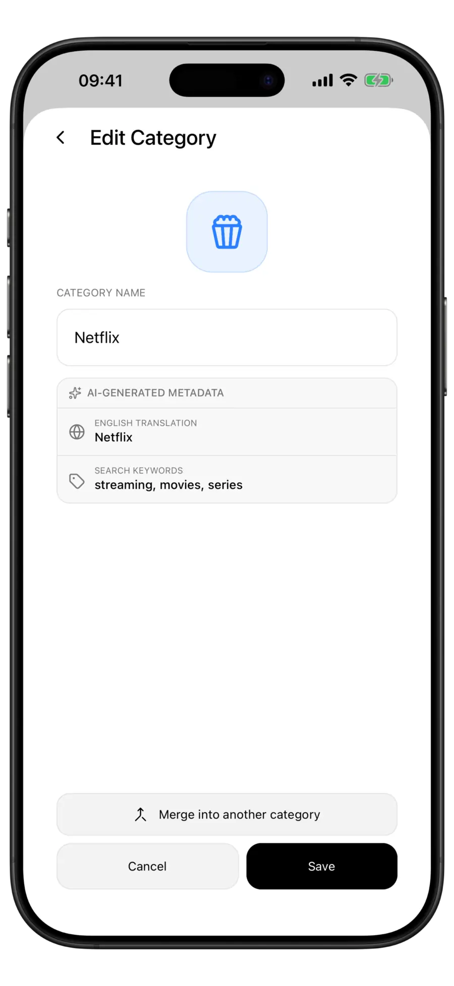 Budgie Edit Category form showing the icon tile, the name field and the AI-generated translation and search keywords