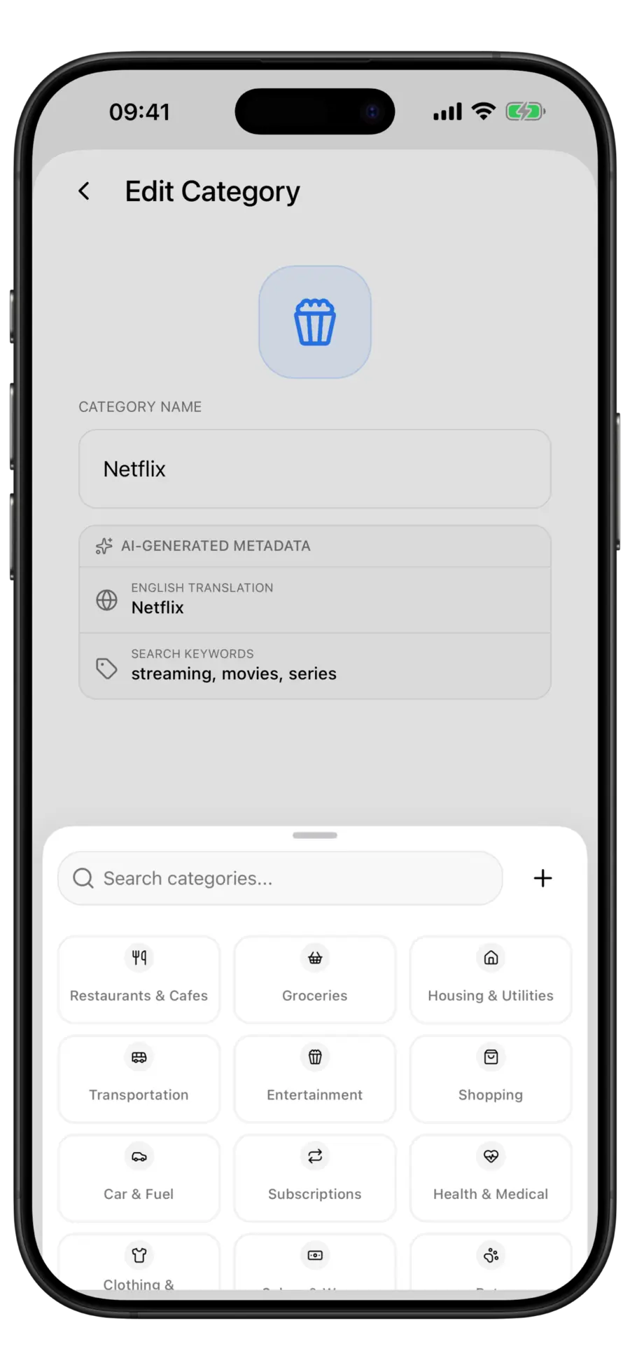 Budgie category picker open over the Edit Category form, listing the categories to merge into