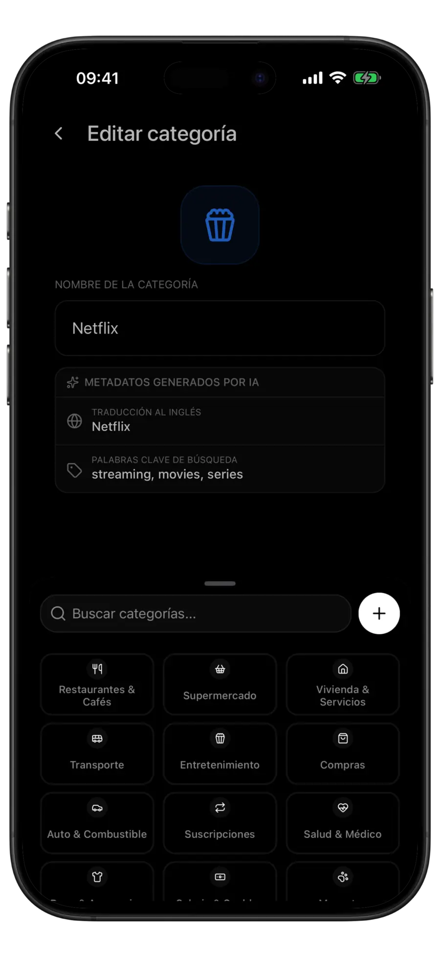 Selector de categorías de Budgie abierto sobre el formulario Editar categoría, con las categorías para fusionar