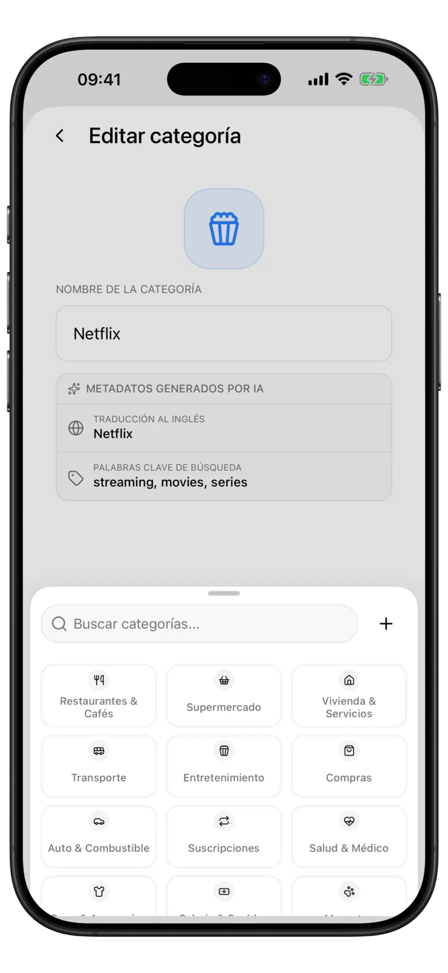 Selector de categorías de Budgie abierto sobre el formulario Editar categoría, con las categorías para fusionar