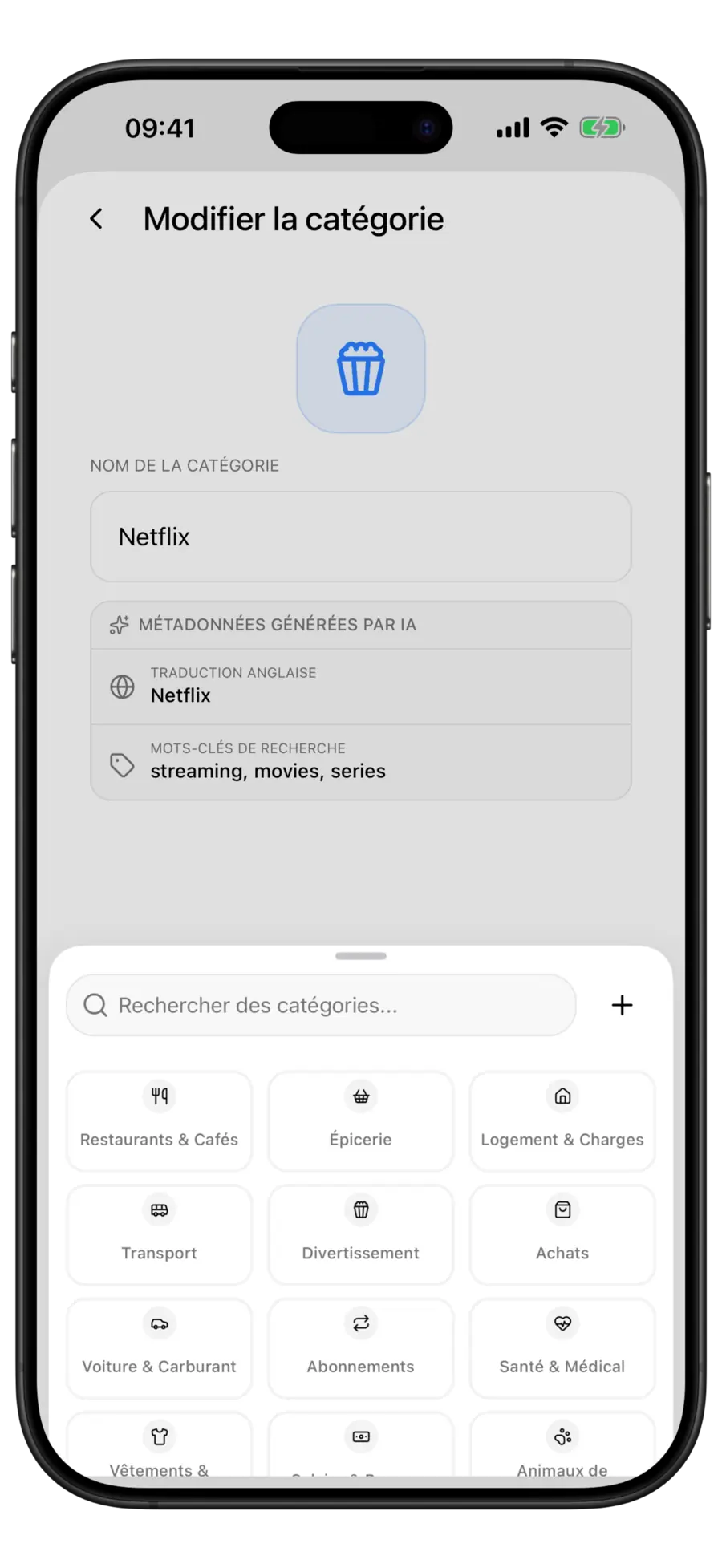 Sélecteur de catégories de Budgie ouvert par-dessus le formulaire Modifier la catégorie, listant les catégories de fusion