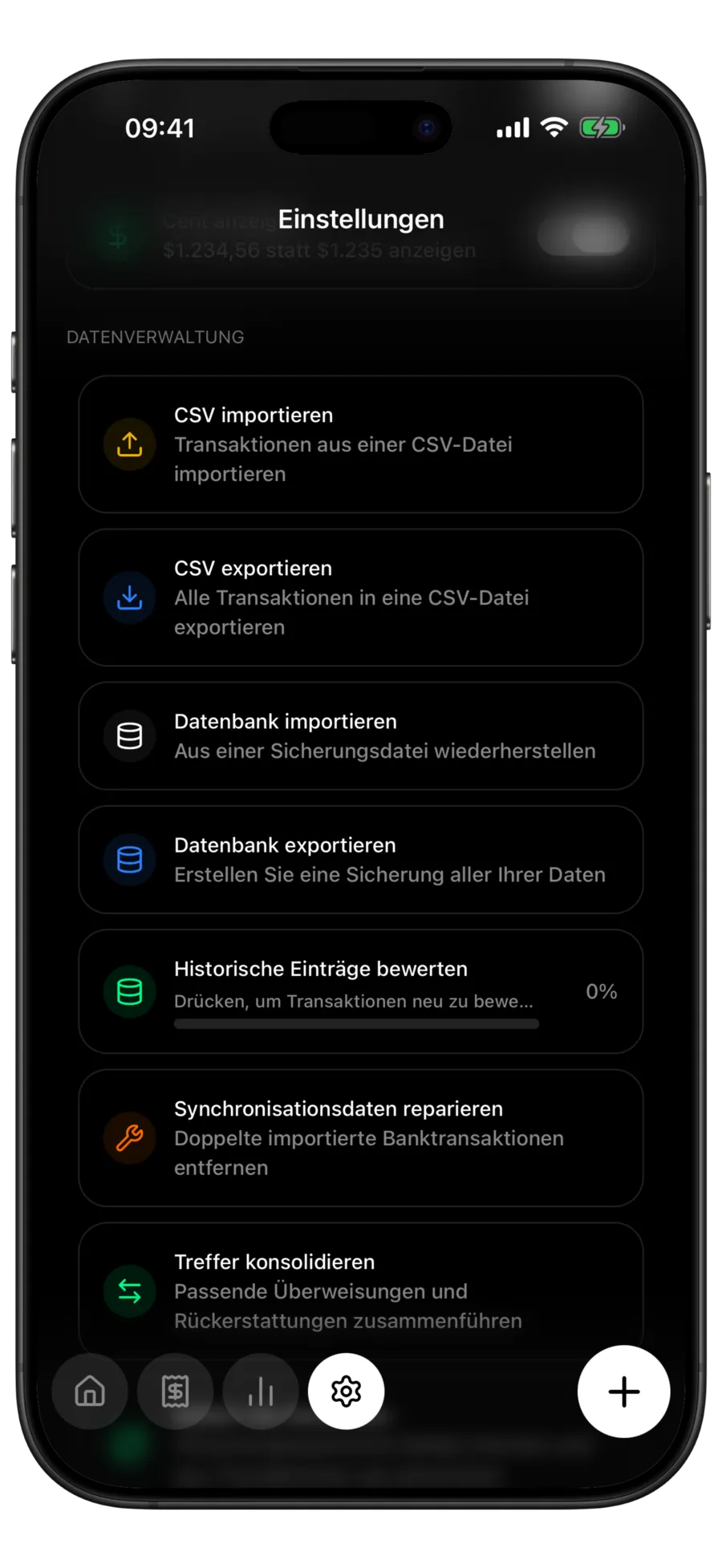 Budgie-Einstellungen, Bereich Datenverwaltung, mit den Zeilen CSV importieren, CSV exportieren, Datenbank importieren und Datenbank exportieren