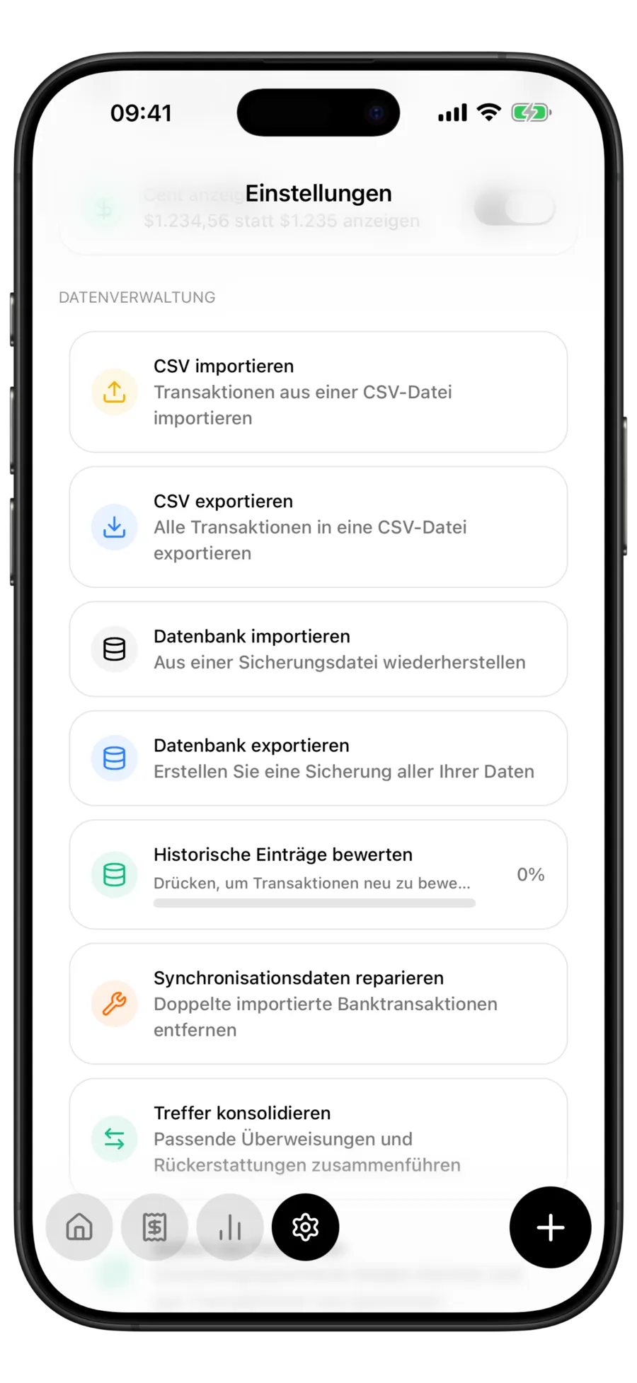 Budgie-Einstellungen, Bereich Datenverwaltung, mit den Zeilen CSV importieren, CSV exportieren, Datenbank importieren und Datenbank exportieren