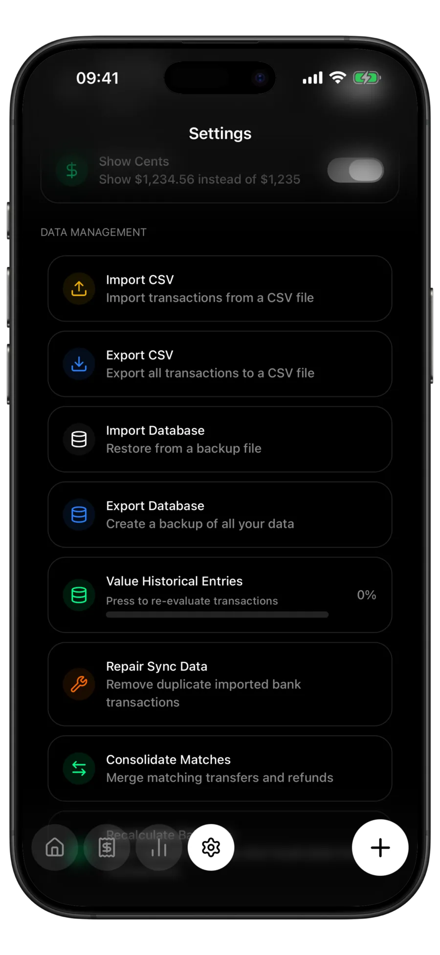Budgie settings screen, Data Management section, listing the Import CSV, Export CSV, Import Database and Export Database rows