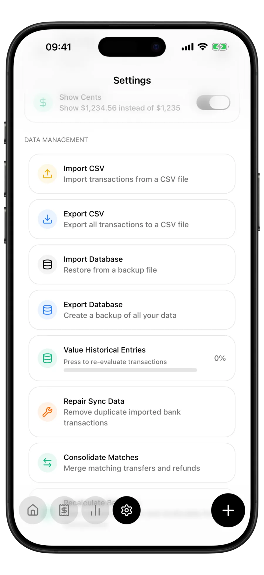 Budgie settings screen, Data Management section, listing the Import CSV, Export CSV, Import Database and Export Database rows