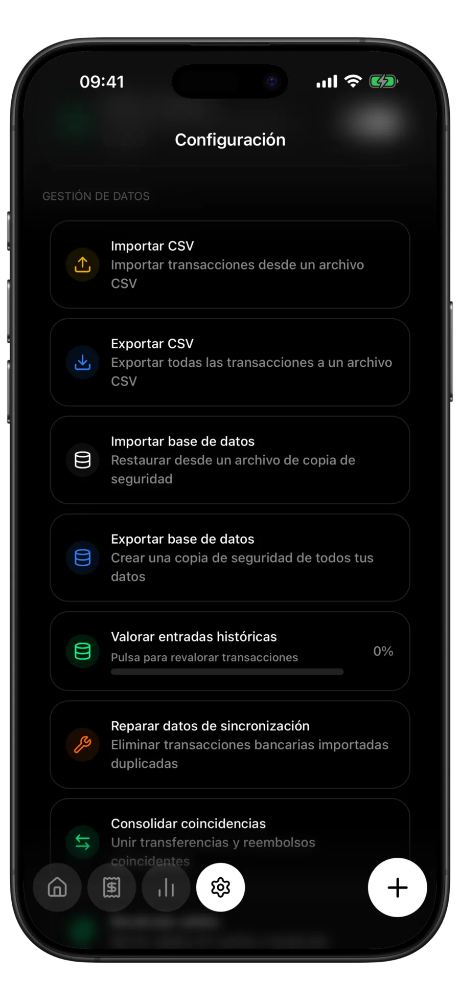 Pantalla de configuración de Budgie con la sección de gestión de datos y las filas Exportar CSV y Exportar base de datos