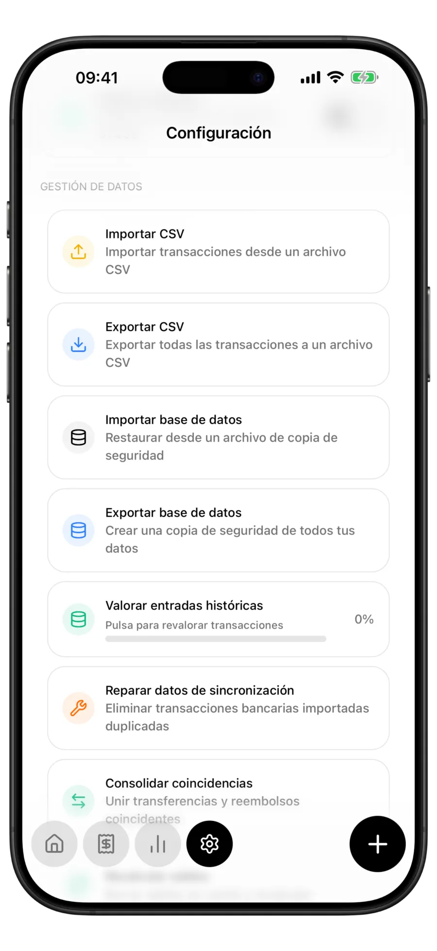 Pantalla de configuración de Budgie con la sección de gestión de datos y las filas Exportar CSV y Exportar base de datos