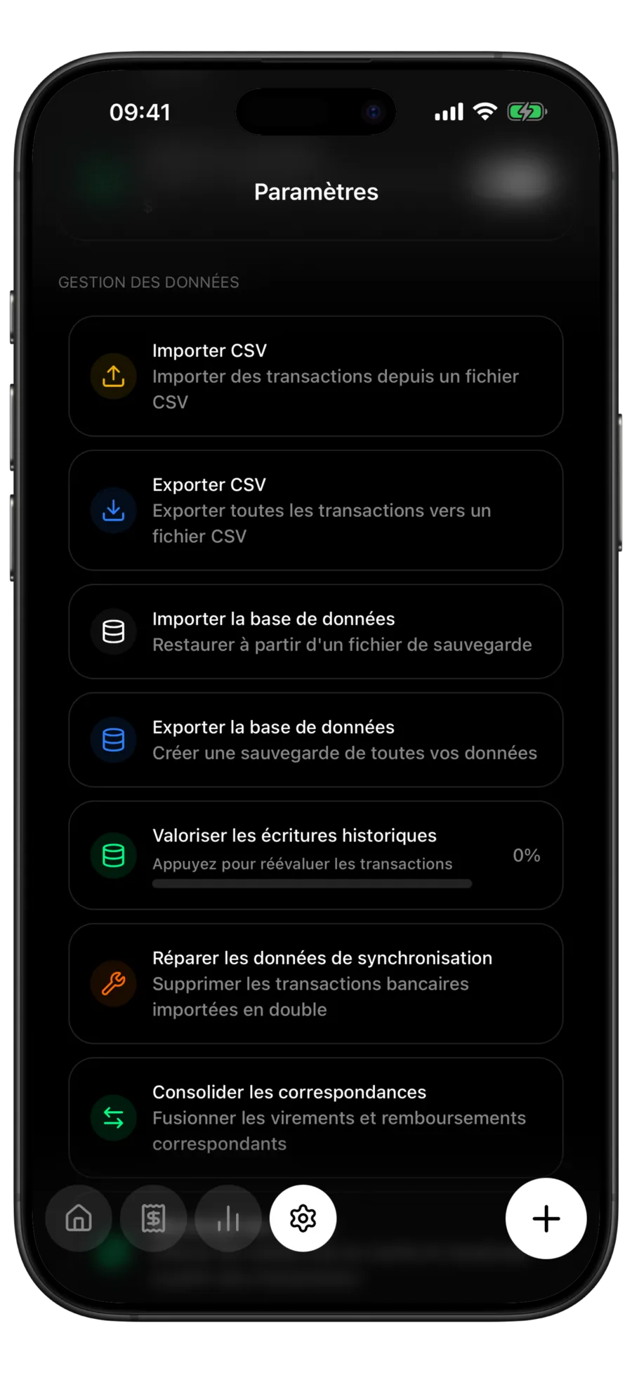Écran des paramètres de Budgie montrant la section gestion des données avec les lignes Exporter CSV et Exporter la base de données