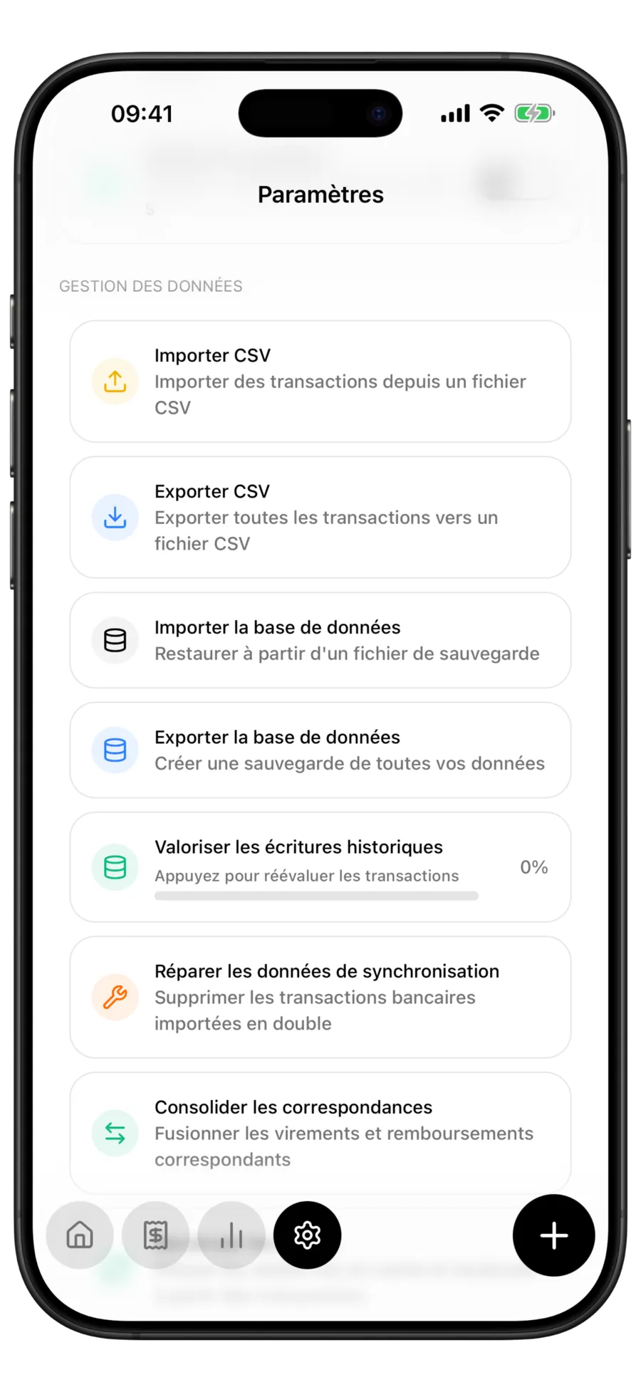 Écran des paramètres de Budgie montrant la section gestion des données avec les lignes Exporter CSV et Exporter la base de données