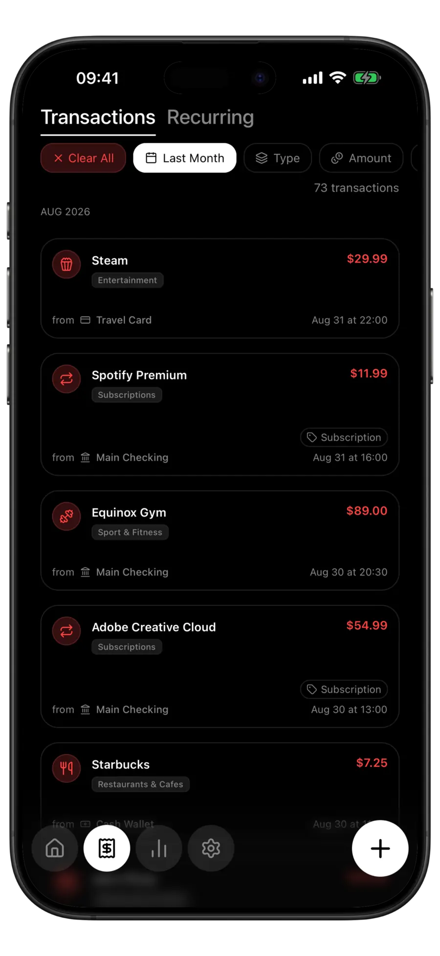 Budgie transaction list filtered to Last Month, showing the active chip and 73 matching transactions